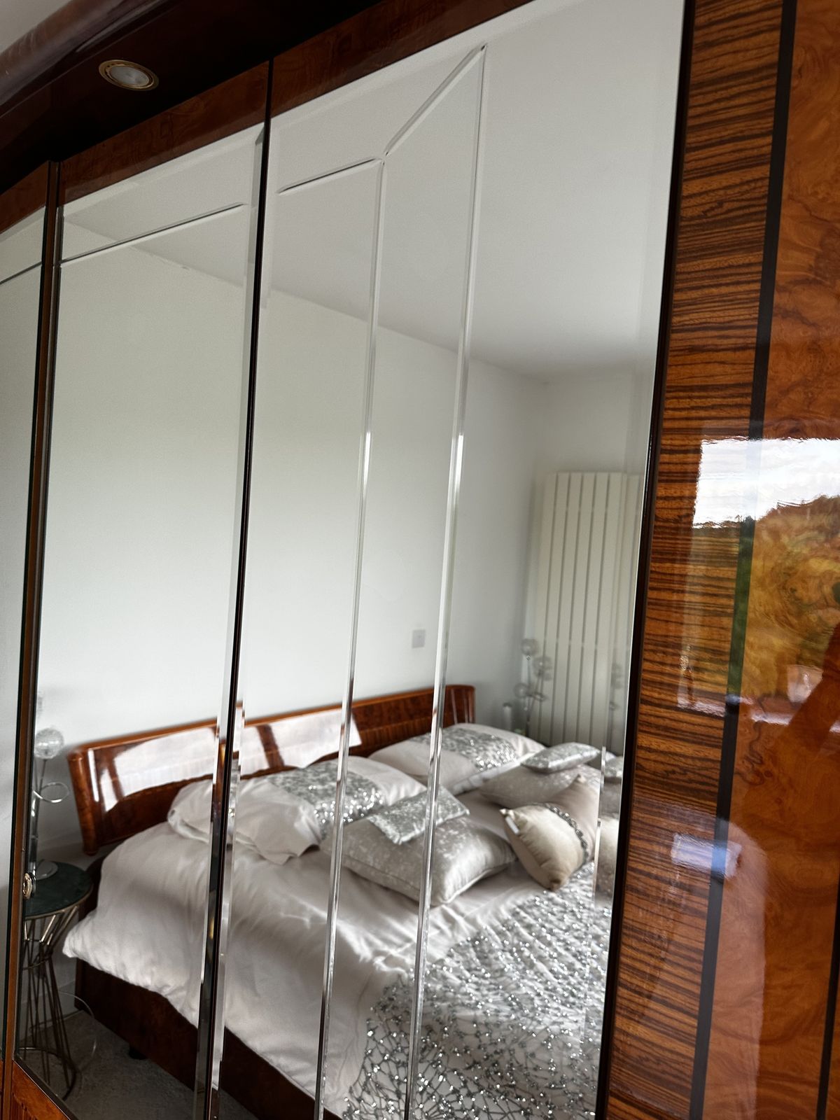 Spectacular Art Deco Revival Wardrobe + Chest Of Drawers + 2 X Side Cabinets. Featuring Highly Figured Burr Wood Veneers, Mirrored Geometric Panels, Marquetry Detailing, And A Piano Gloss Finish. photo Furniture