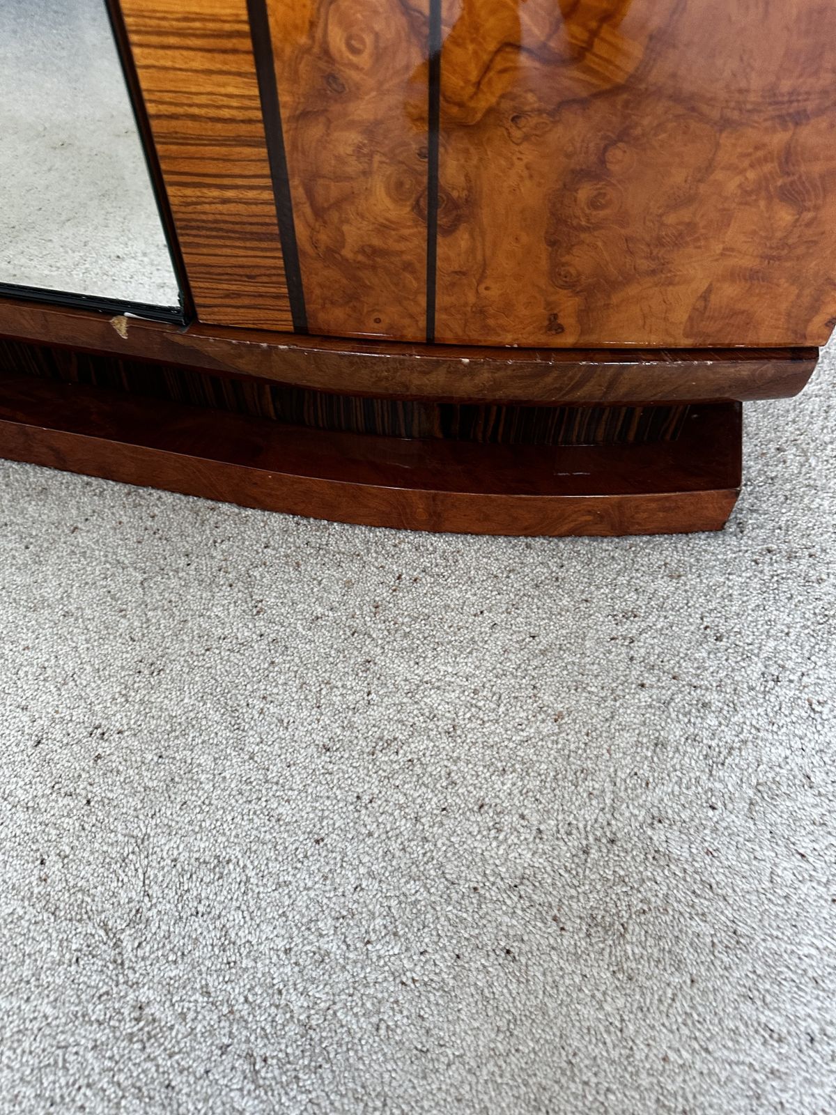 Spectacular Art Deco Revival Wardrobe + Chest Of Drawers + 2 X Side Cabinets. Featuring Highly Figured Burr Wood Veneers, Mirrored Geometric Panels, Marquetry Detailing, And A Piano Gloss Finish. photo vinterior