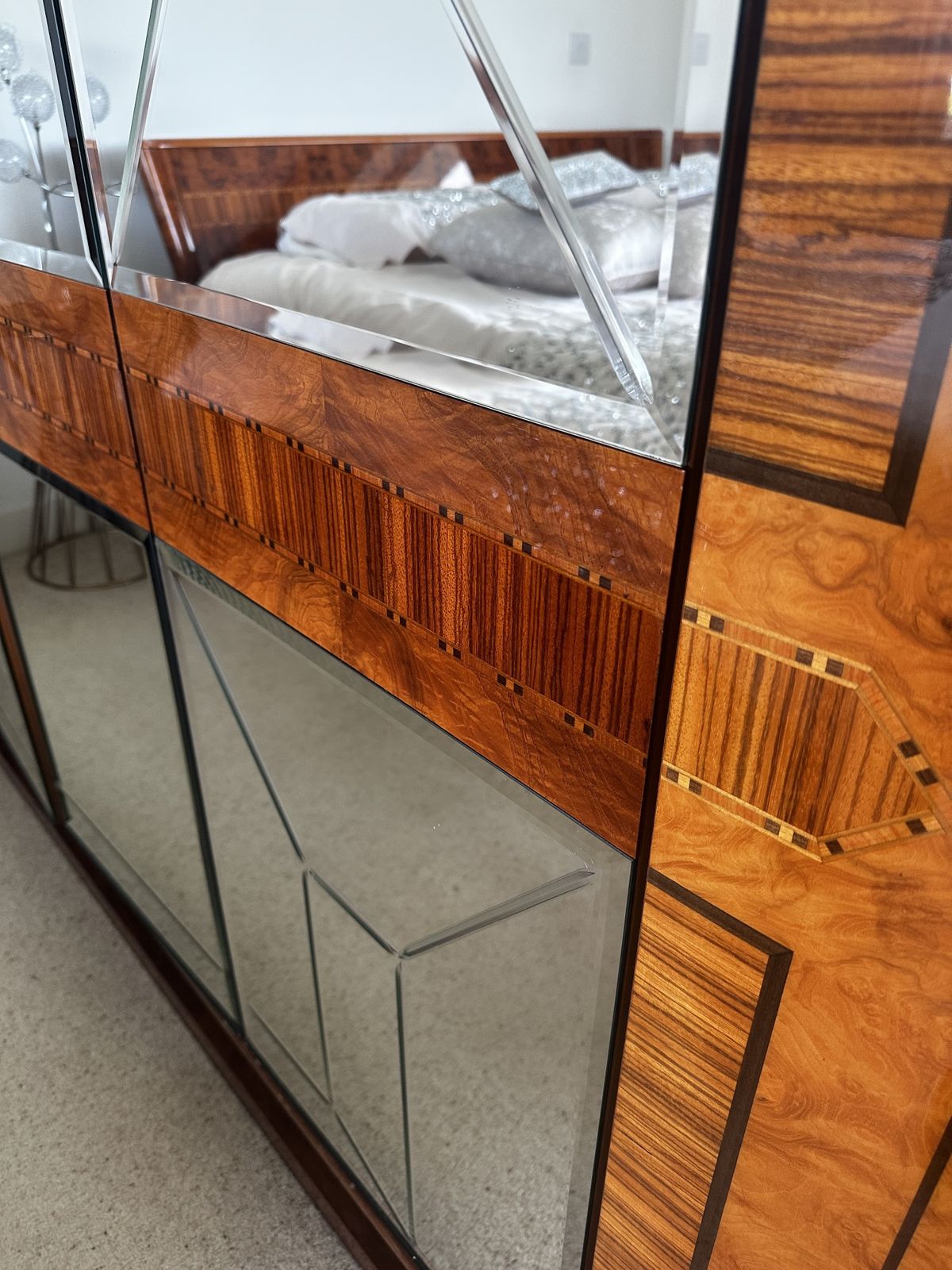 Spectacular Art Deco Revival Wardrobe + Chest Of Drawers + 2 X Side Cabinets. Featuring Highly Figured Burr Wood Veneers, Mirrored Geometric Panels, Marquetry Detailing, And A Piano Gloss Finish. photo buy