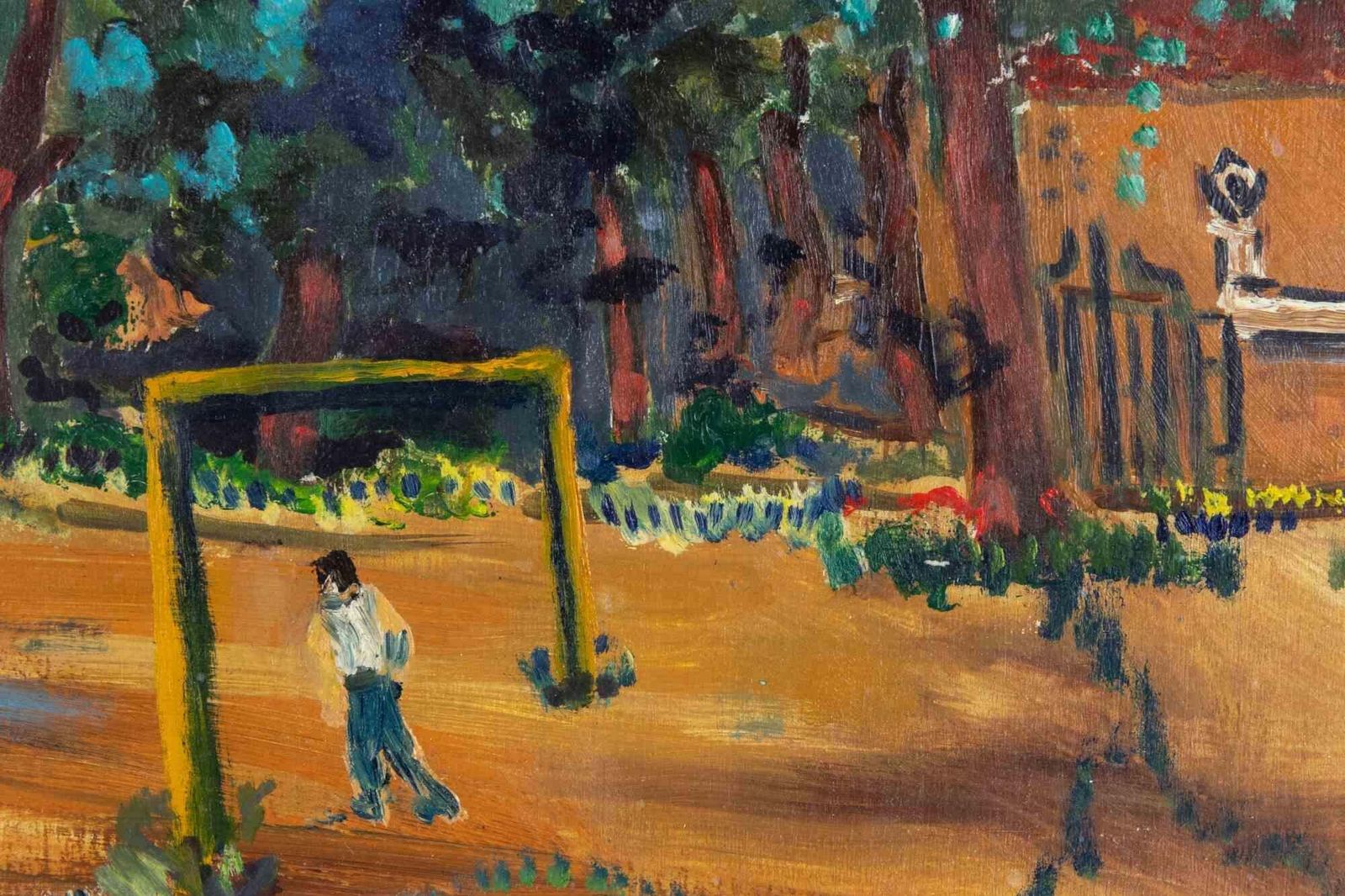 Football Match   Oil Paint By Sirio Pellegrini   1970s photo for sale