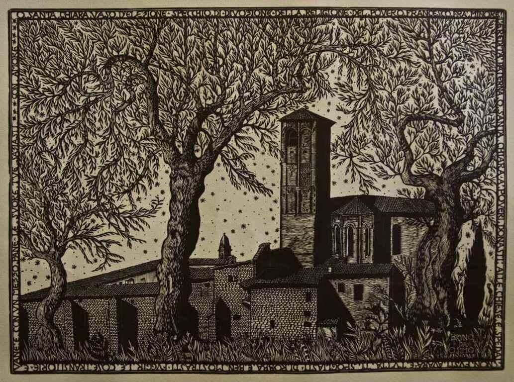 Church Of Assisi   Woodcut By Bruno Da Osimo   Mid 20th Century