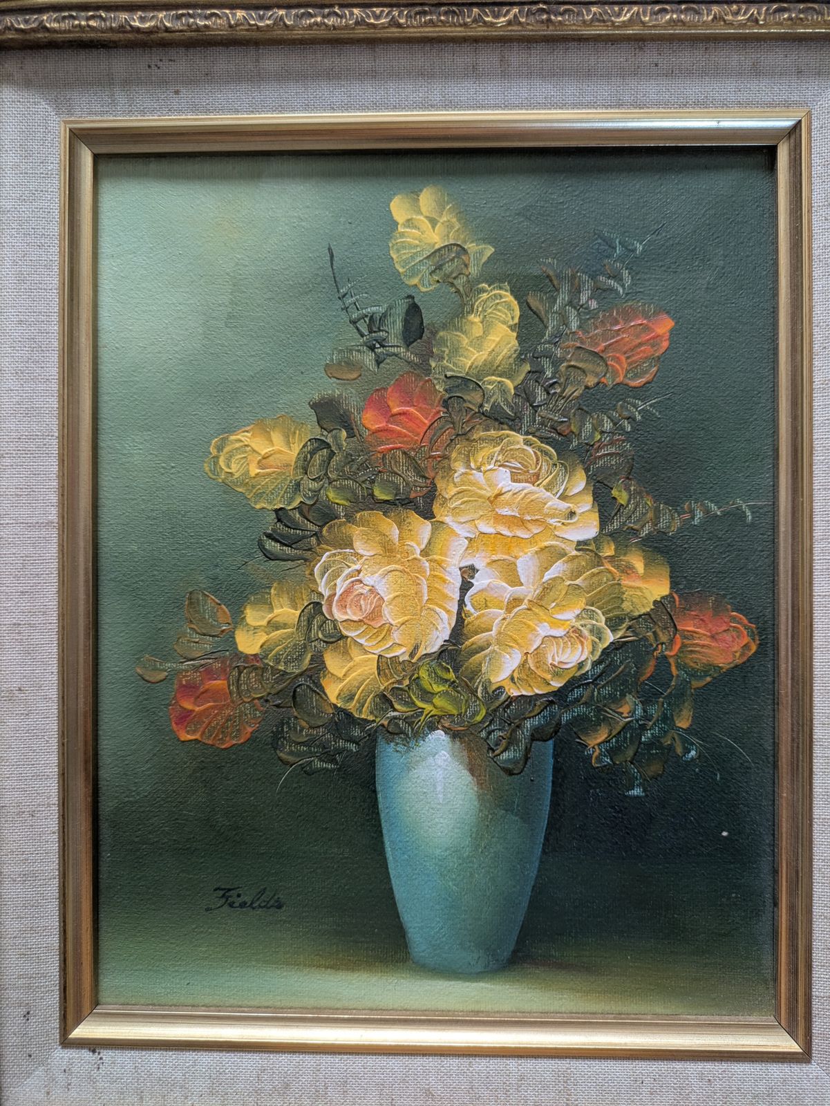Vintage Original Gilt Framed Still Life Floral Oil Painting Signed By Artist 'Fields' photo furniture