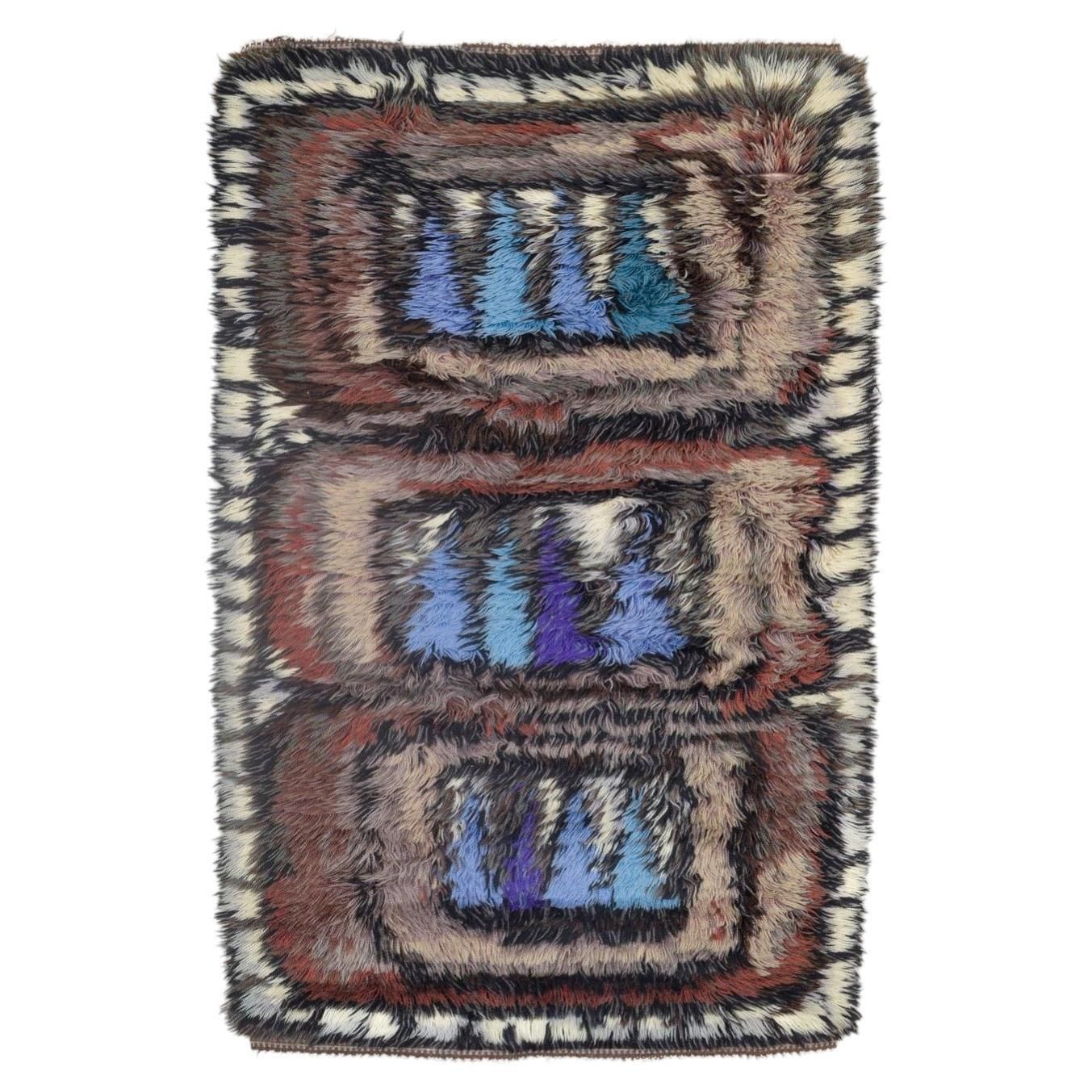 Scandinavian Designer. Wool Rya Carpet In Shades Of Blue, Purple, Brown, Beige.