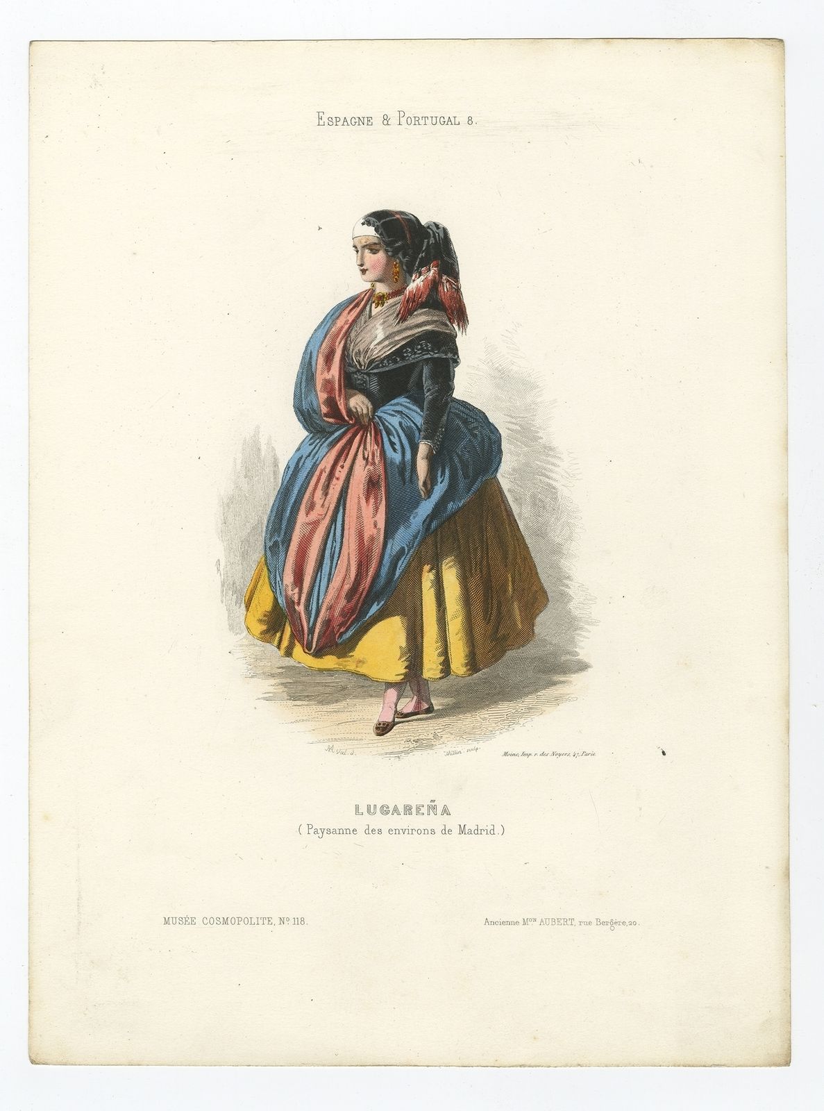 Antique Print Of A Farmer's Wife From The Region Of Madrid By Aubert (1850)