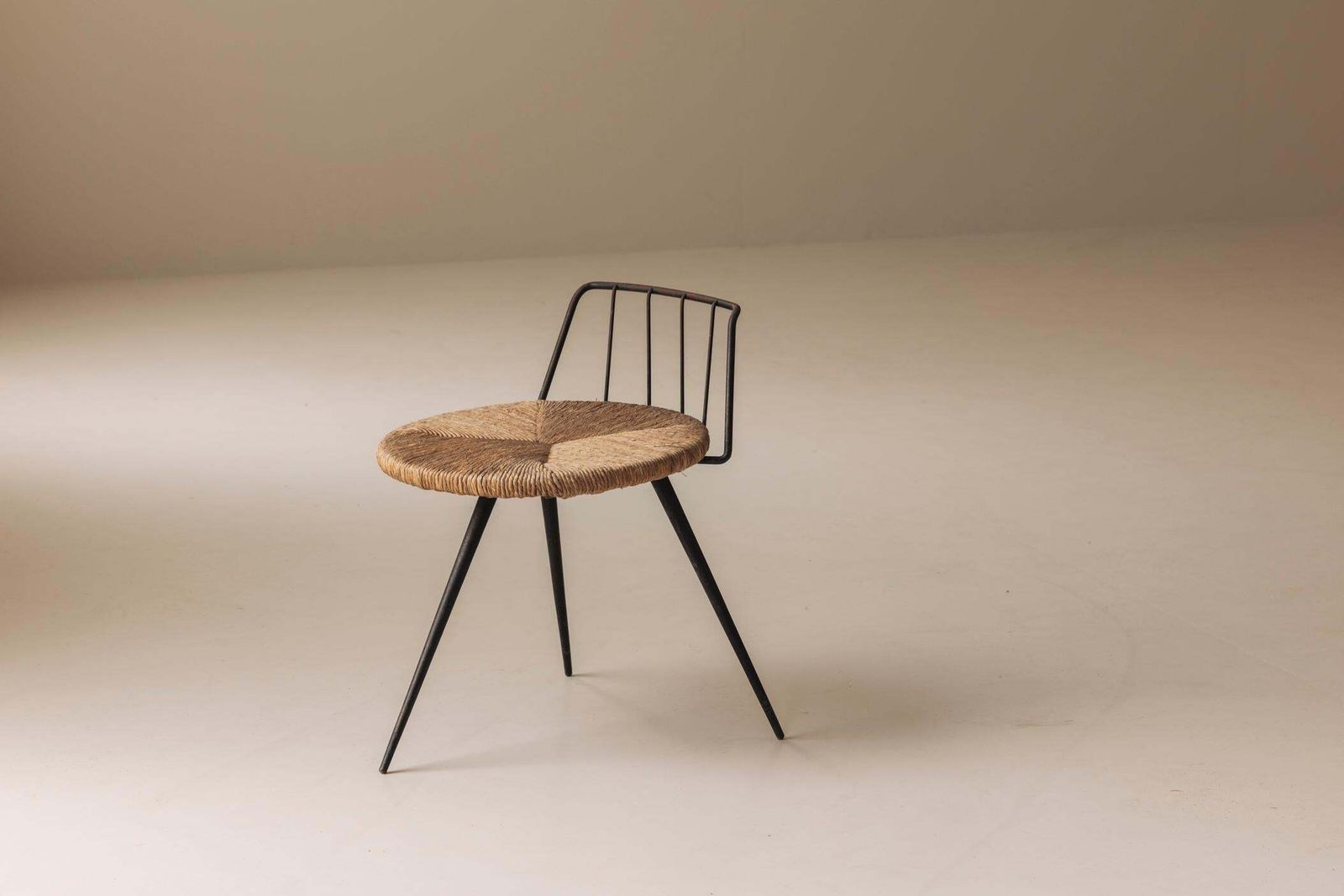 Rare French Tripod Stool In Metal And Rush, Dating From The 1950s photo Furniture