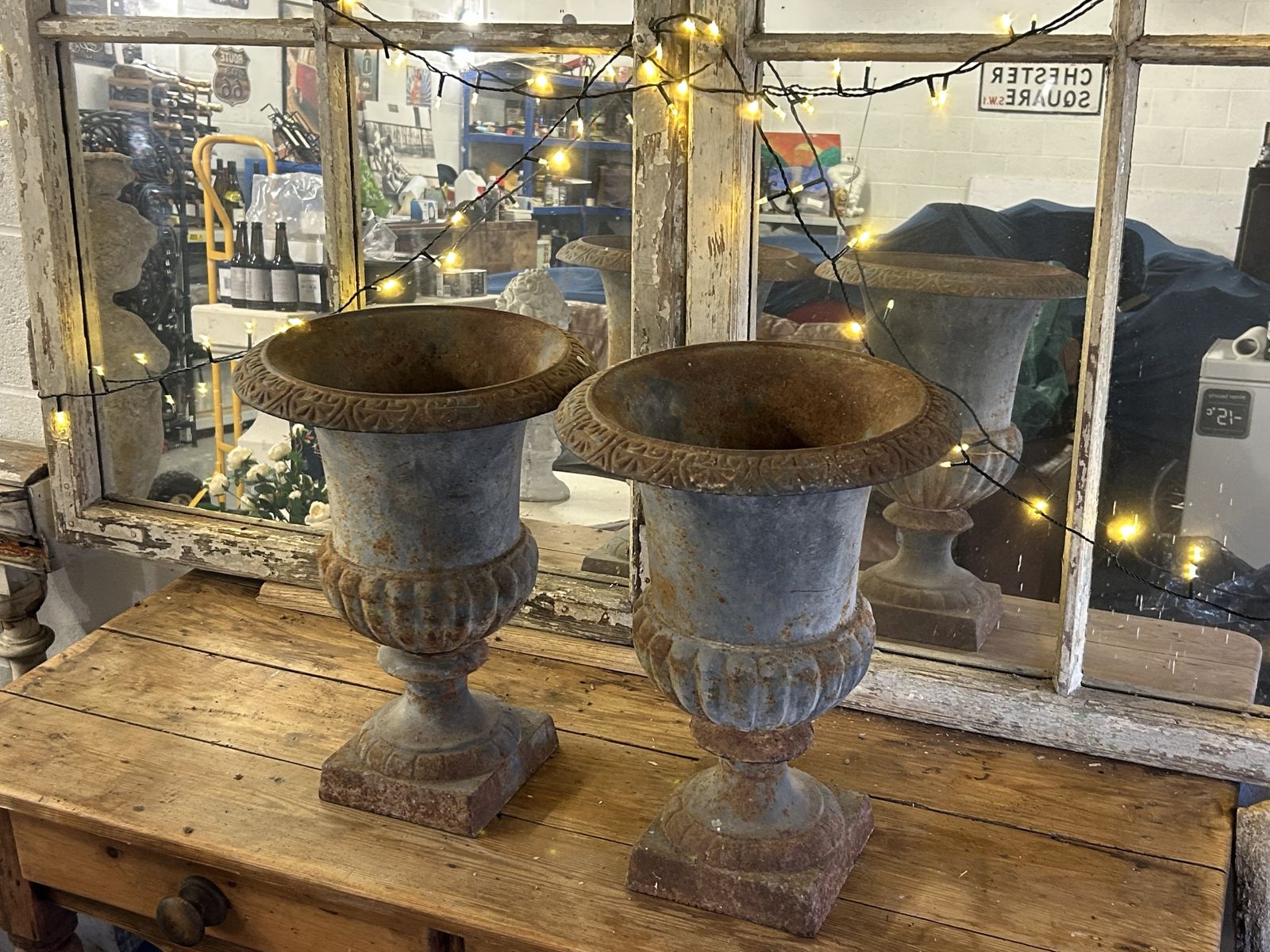 Pair Of Antique French Cast Iron Medici Garden Urns With Superb Patina photo furniture