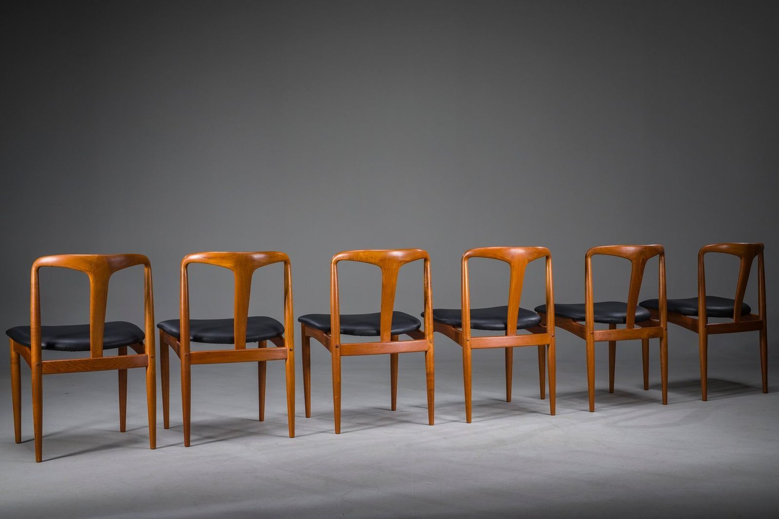 Juliane Dining Chairs In Teak And Black Leather By Johannes Andersen For Uldum Møbelfabrik, Denmark, 1960s, Set Of 6 photo buy