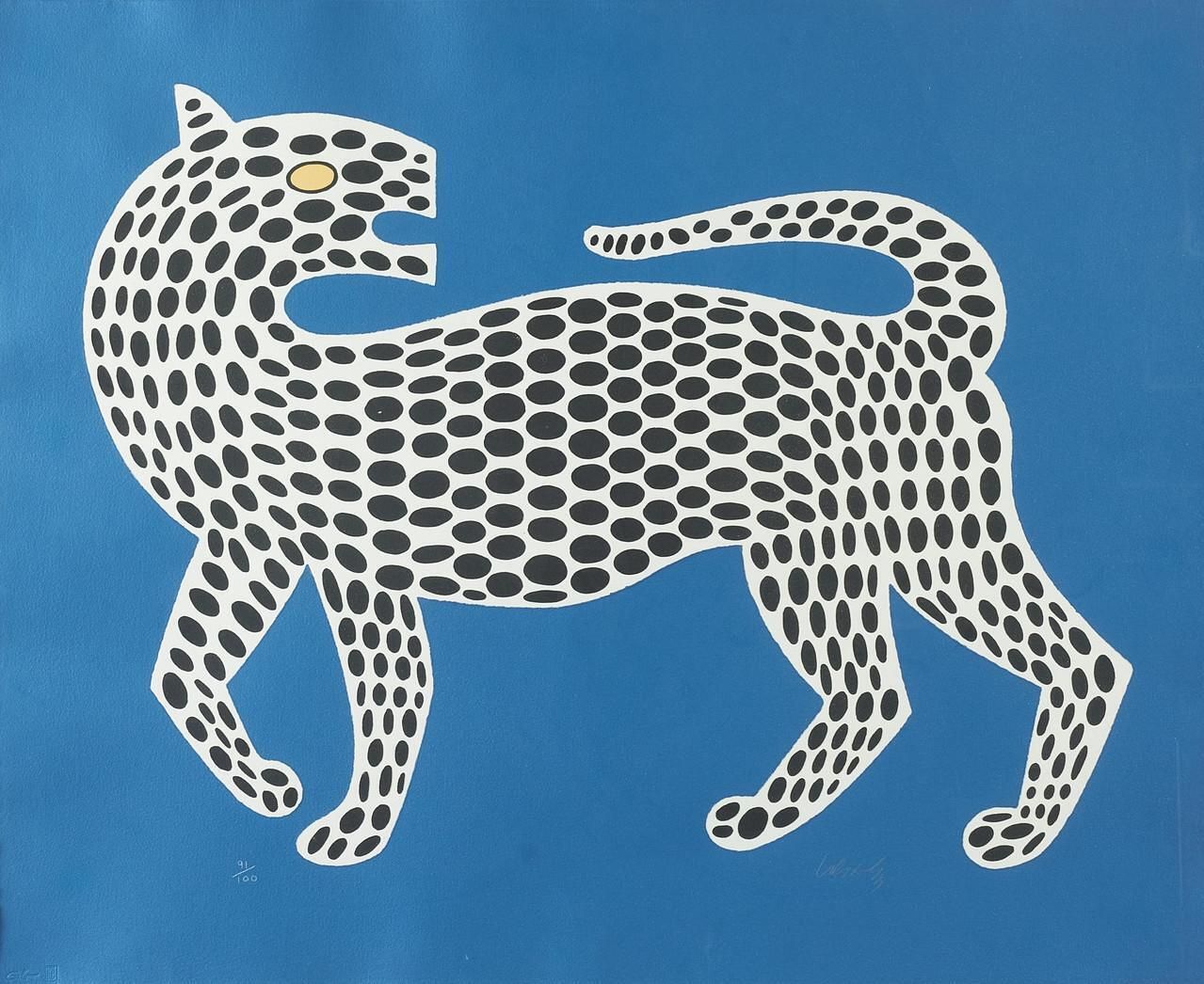 Leopard (Blue) Zeefdruk, Op Art, Gesigneerd, Editie 91 van 100, Ingelijst photo furniture