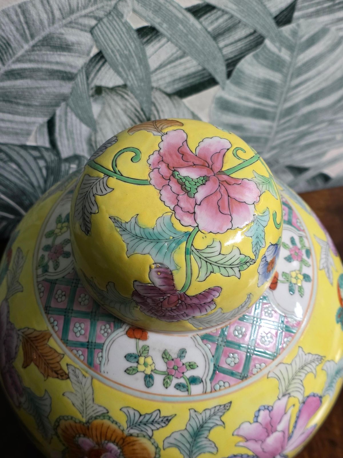 photo furniture Chinese Porcelain Decorative Yellow Vase With Flowers And Leaves 1960s