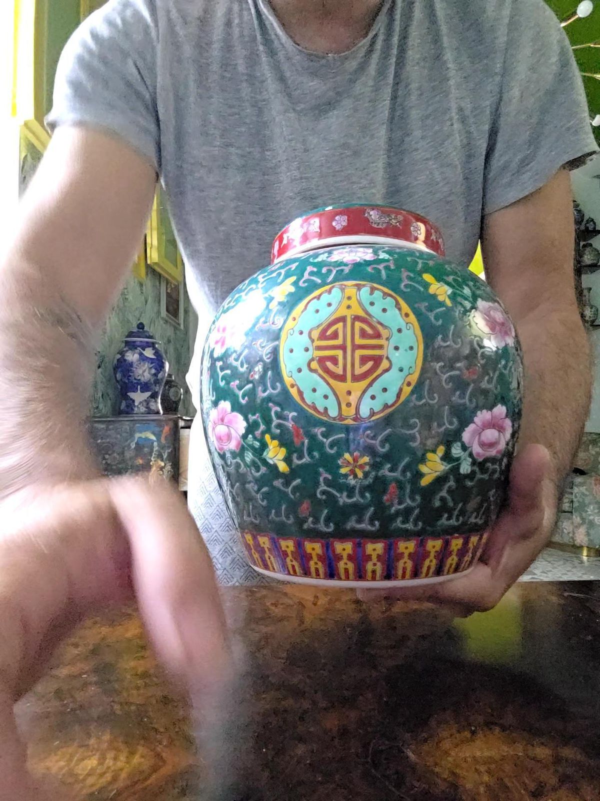 Chinese Decorative Vase With Lid 1960 Green Yellow photo vintage