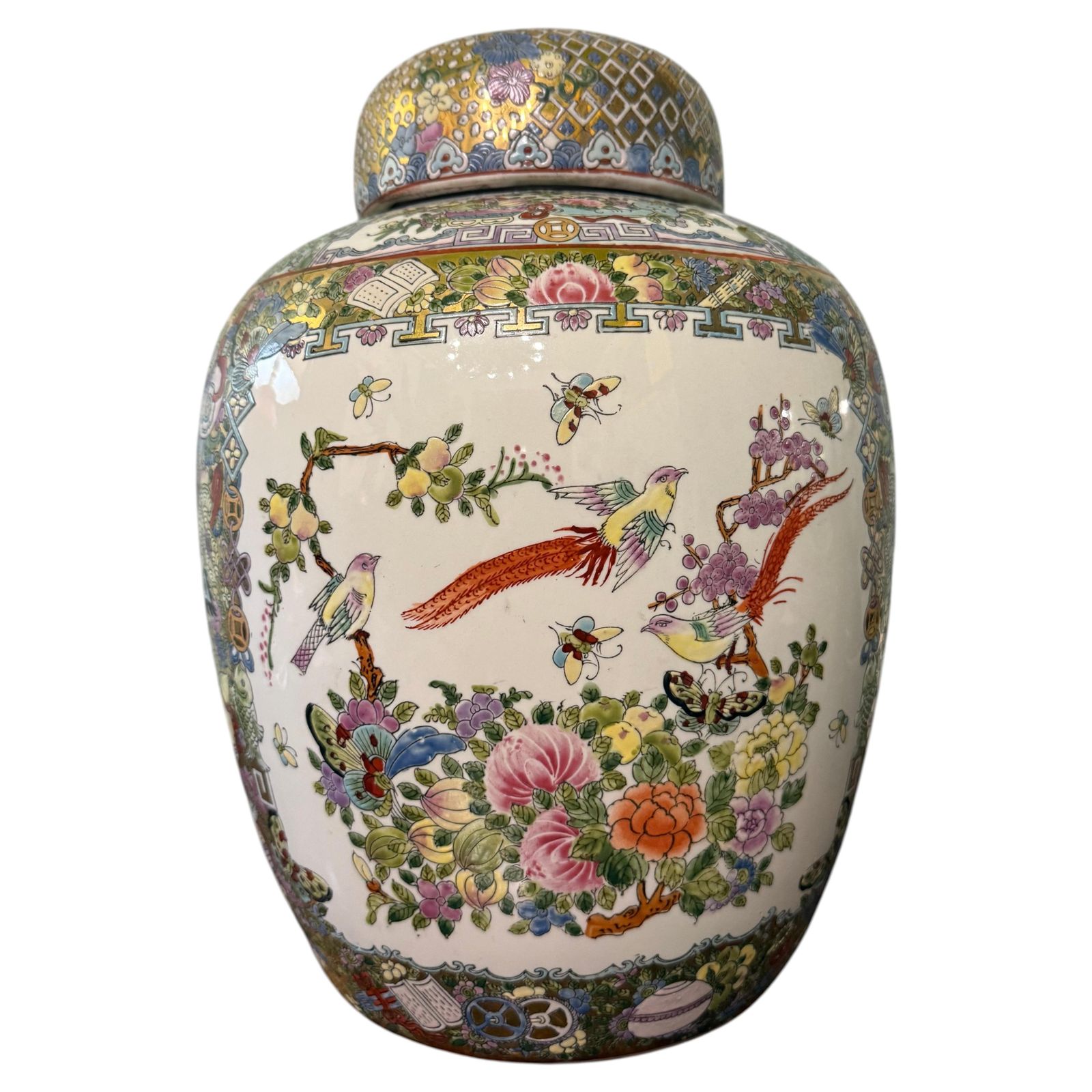 Large China 1940s Vase With Gold Decorative Flowers And Characters Art Deco