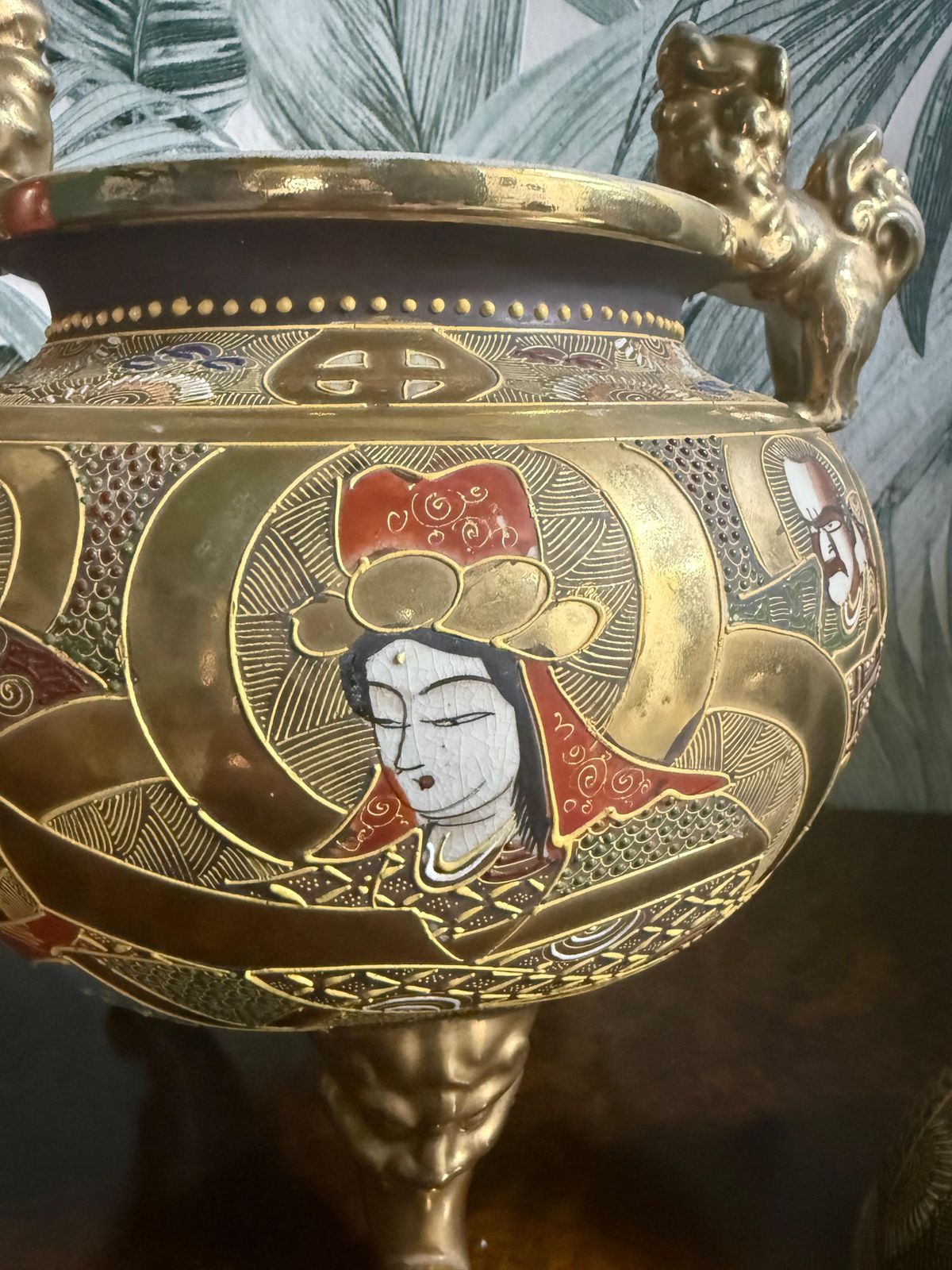 photo for sale Satsuma Style Lidded Vase China Gold Background With Lions In The Handles And Lid