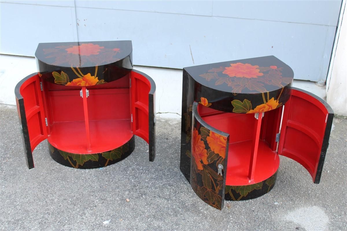 Furniture Pair Of Decorative Chinese Lacquer Nightstands With Red Flowers 1960 Black Ground photo