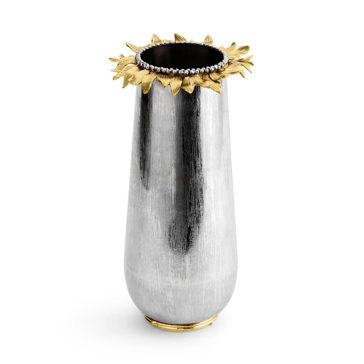 Pair Of Large Contemporary Silver Metal Sunflower Vase With Gold Detail photo 1404.0