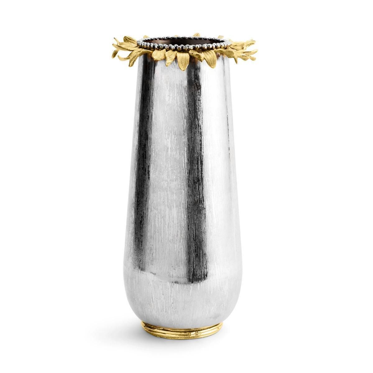 Pair Of Large Contemporary Silver Metal Sunflower Vase With Gold Detail photo buy