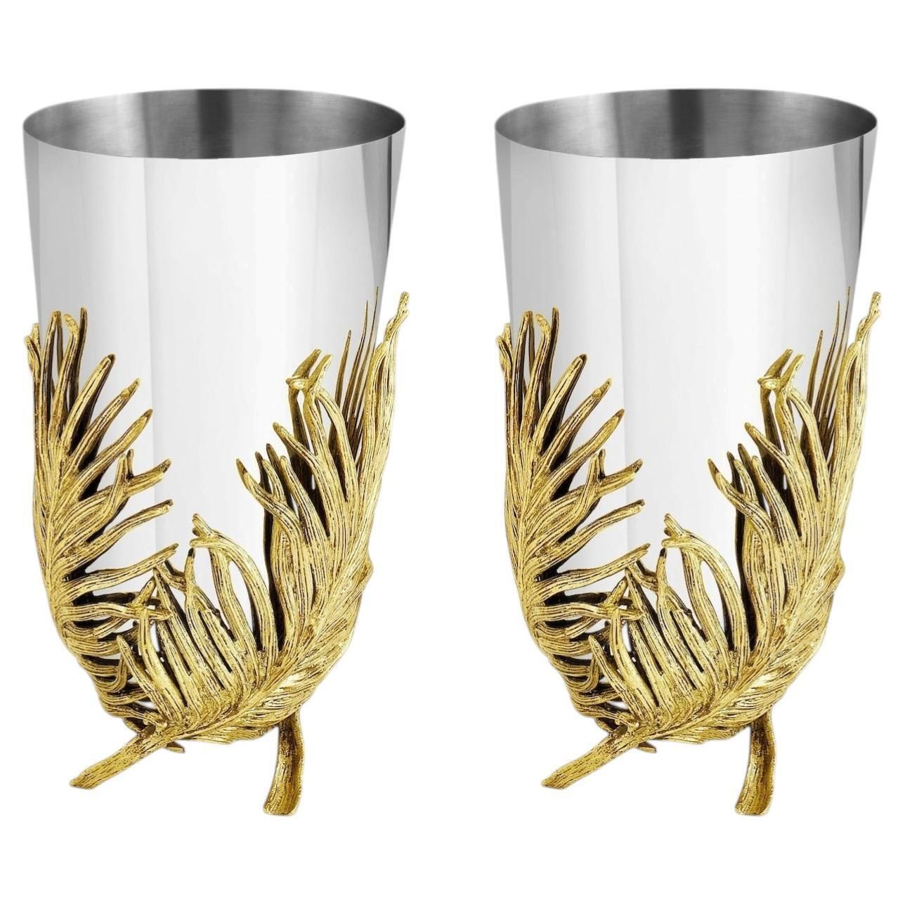 Pair Of Medium Contemporary Silver Metal And Gold Palm Leaf Vase