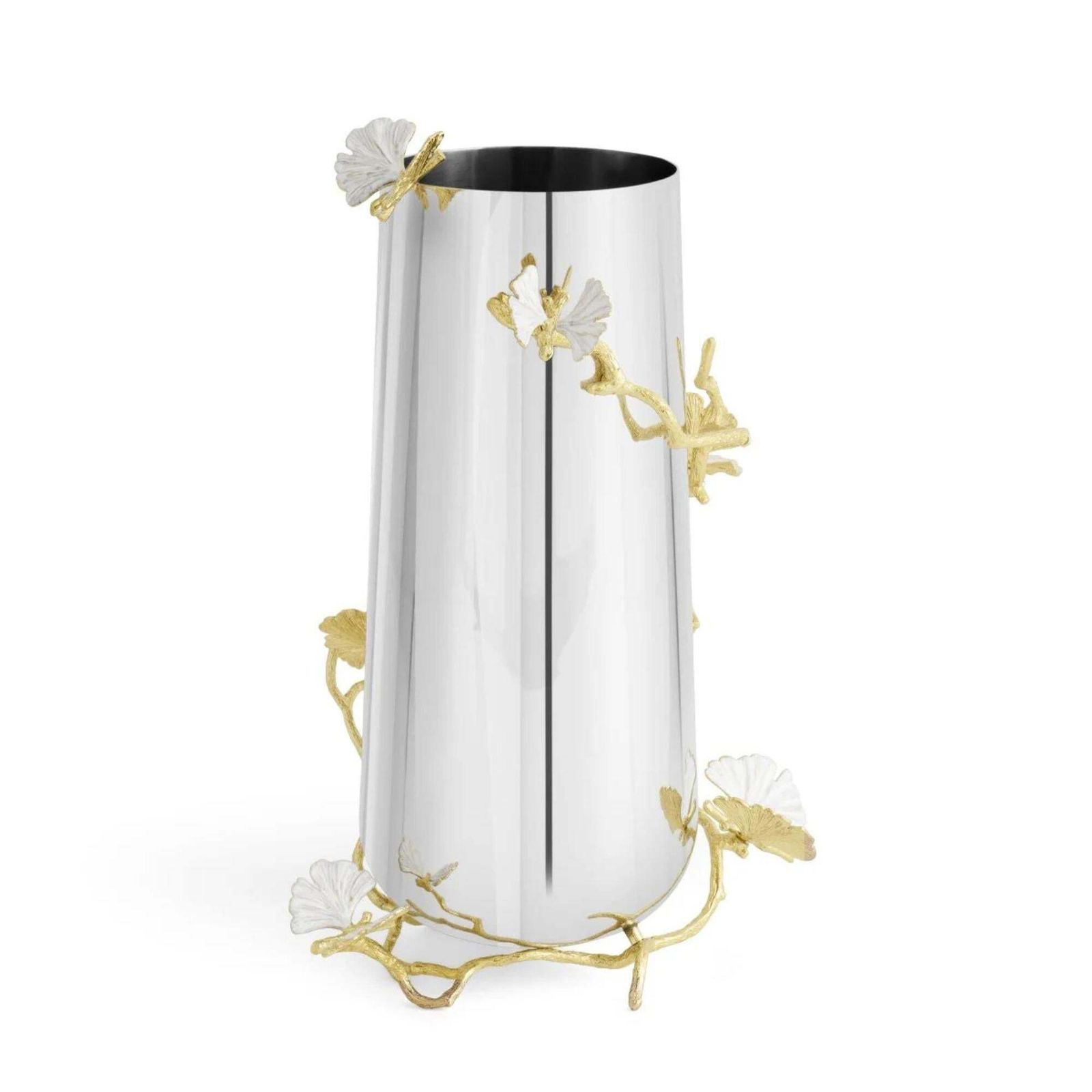 Pair Of Large Contemporary Silver And Gold Metal Butterfly Ginkgo Vase photo buy