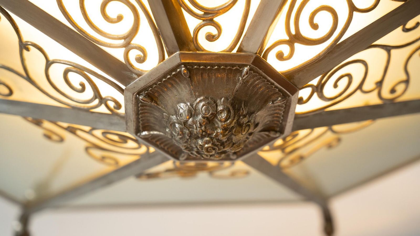Large Art Deco Ceiling Light, Glass And Metal, France, 1930s photo vinterior