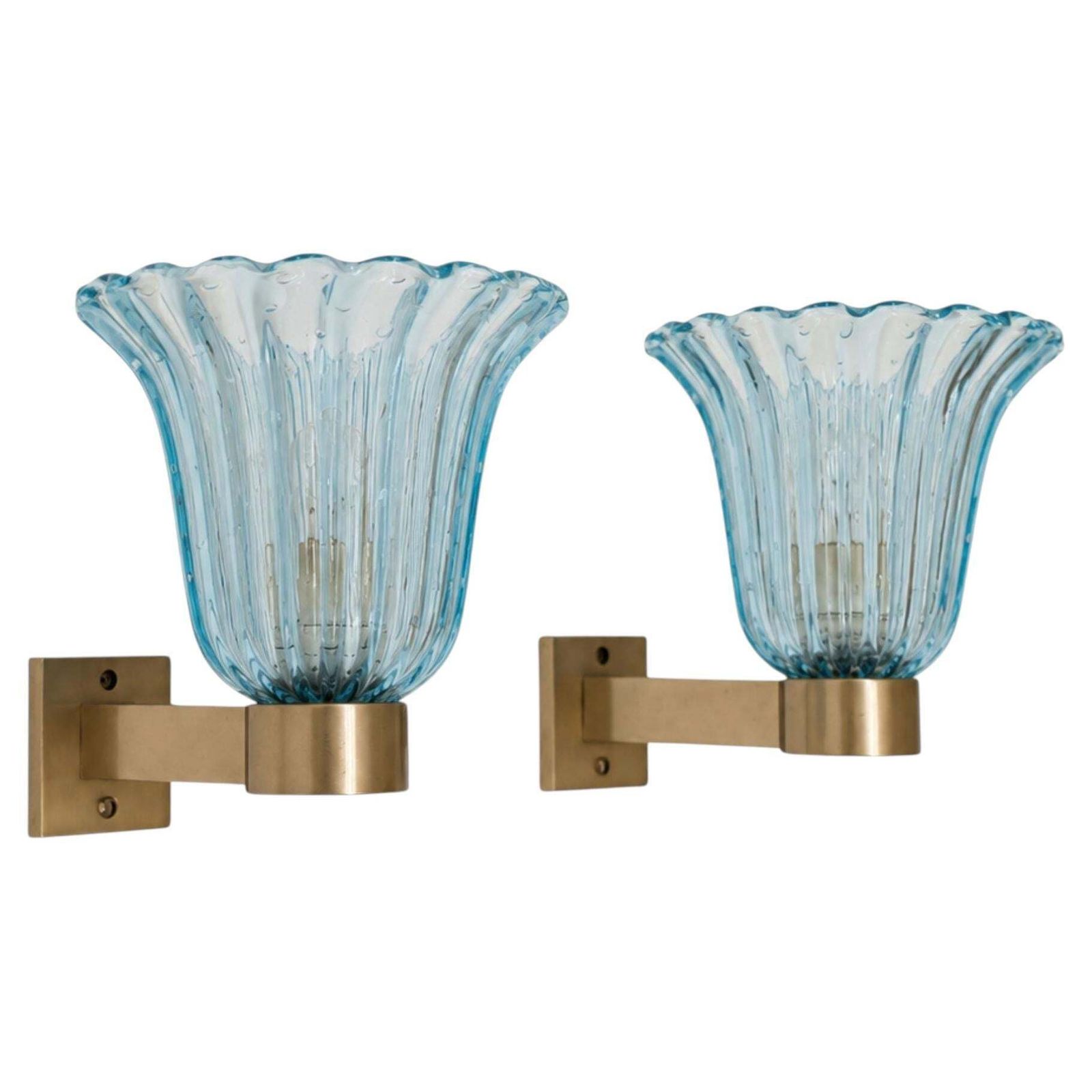 Mid Century Modern Blue Sconces Murano Glass Brass Wall Lights By Barover & Toso