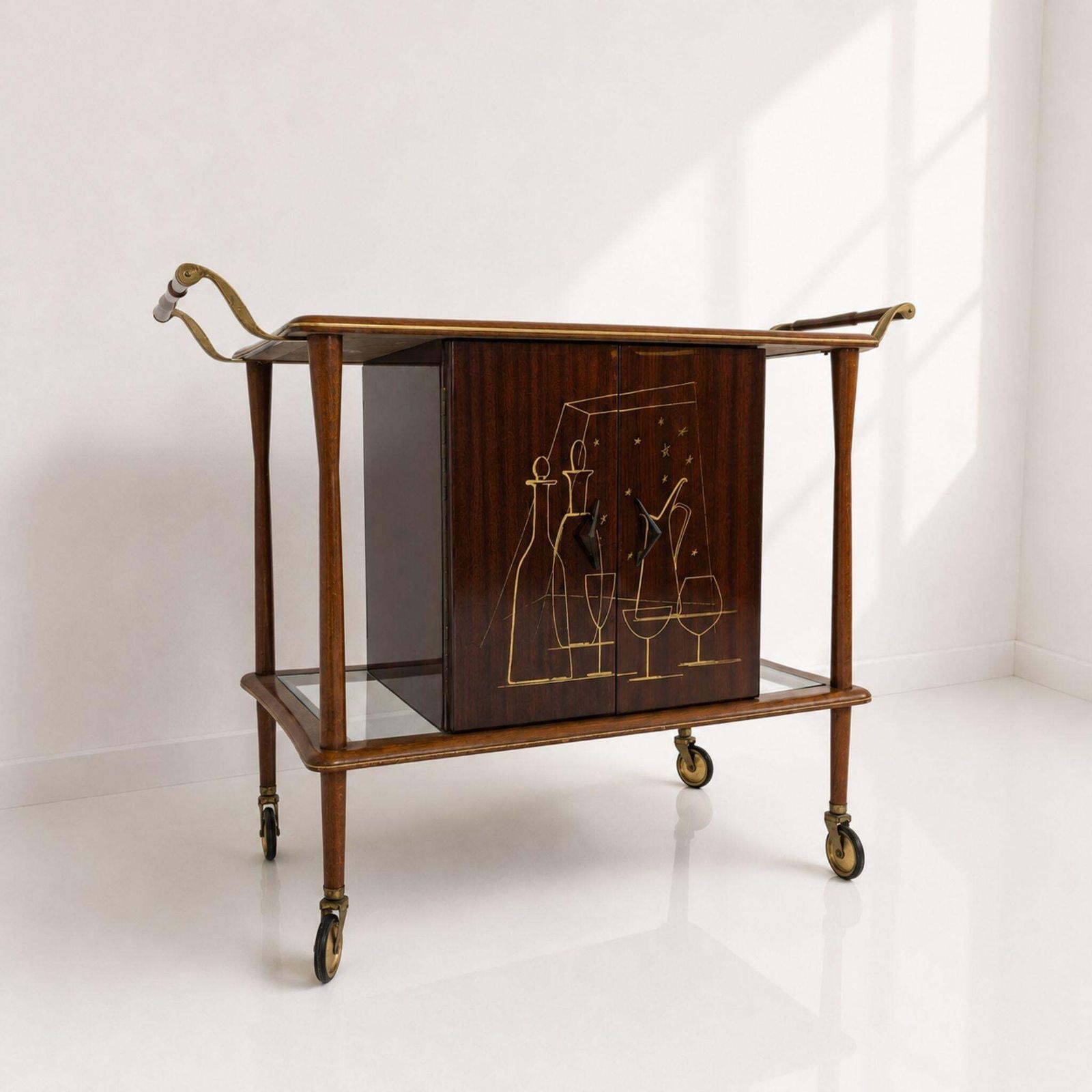 Italian Mid Century Modern Bar Cart Wood Brass Trolley Bar Attributed Ico Parisi photo furniture