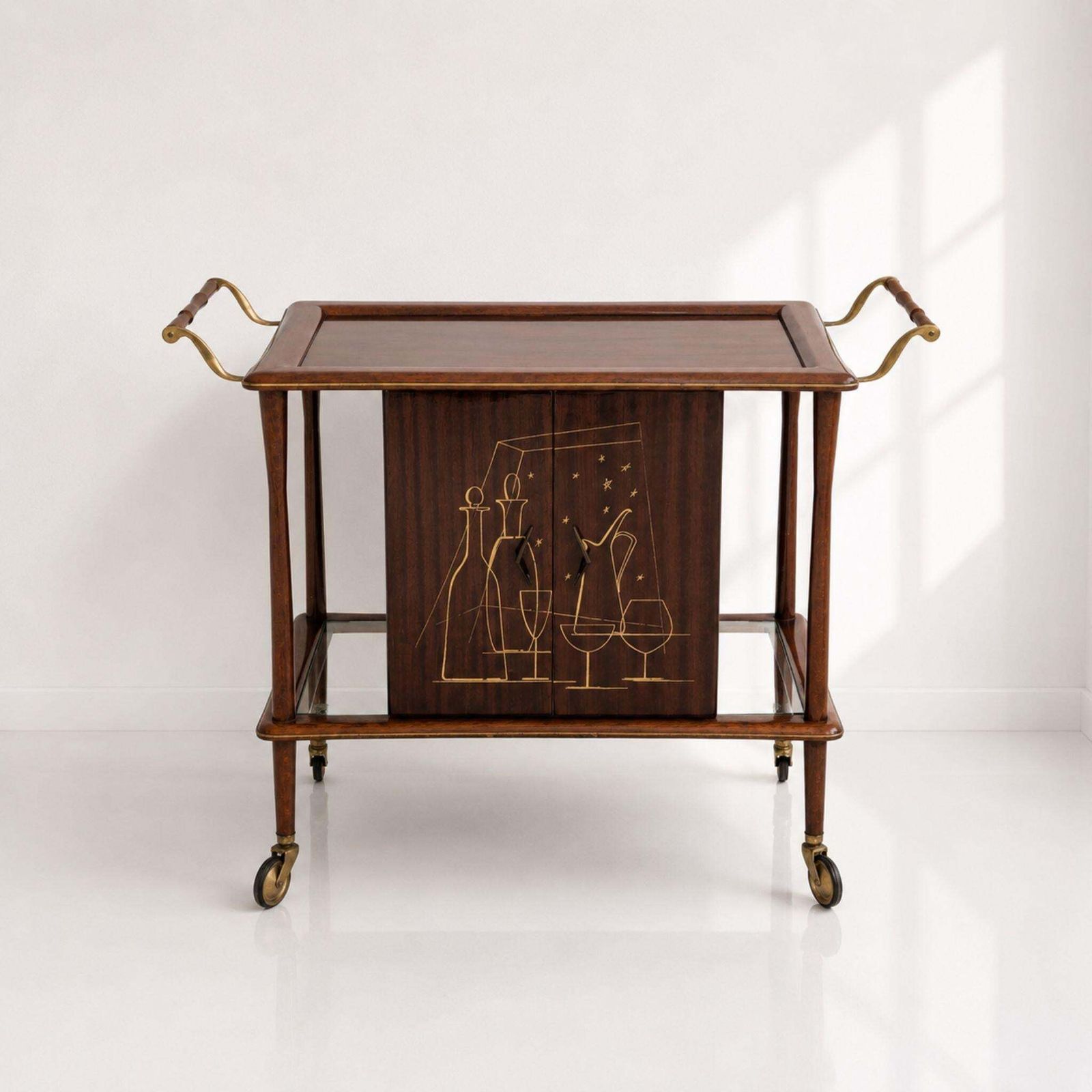 Italian Mid Century Modern Bar Cart Wood Brass Trolley Bar Attributed Ico Parisi photo 1993.0