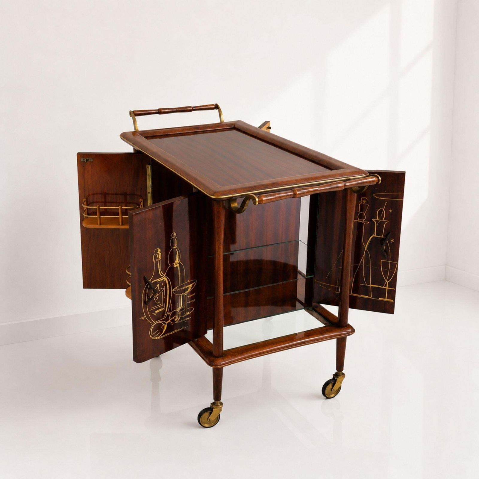 Italian Mid Century Modern Bar Cart Wood Brass Trolley Bar Attributed Ico Parisi photo vinterior
