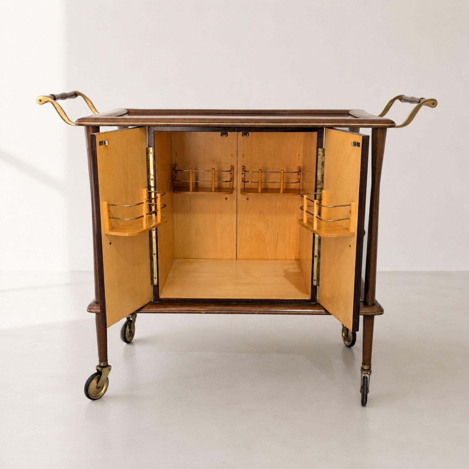 photo furniture Italian Mid Century Modern Bar Cart Wood Brass Trolley Bar Attributed Ico Parisi