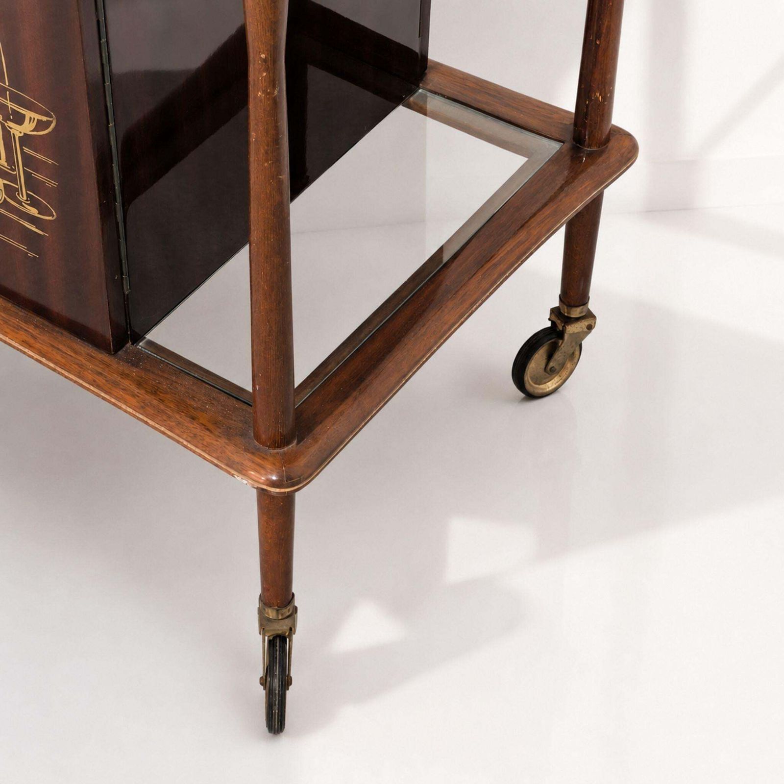 photo for sale Italian Mid Century Modern Bar Cart Wood Brass Trolley Bar Attributed Ico Parisi