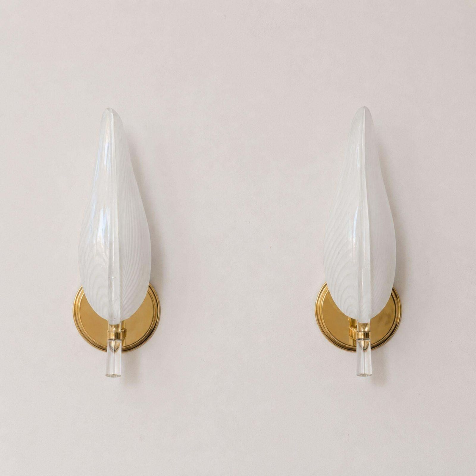 Pair Wall Lights Murano Glass Leaf Sconces Brass By Franco Luce, Italy, 1970s photo for sale