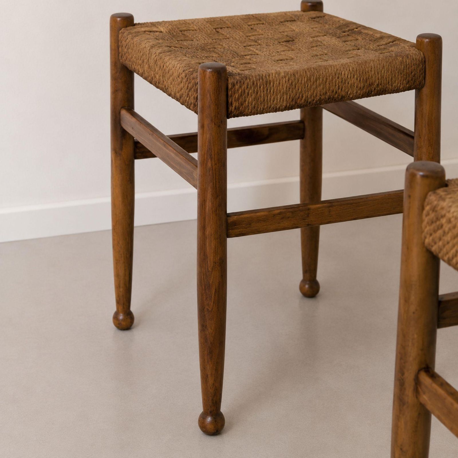 Mid Century Modern Stools Charlotte Perriand Style Wood And Woven Rope, 60s photo 1402.0
