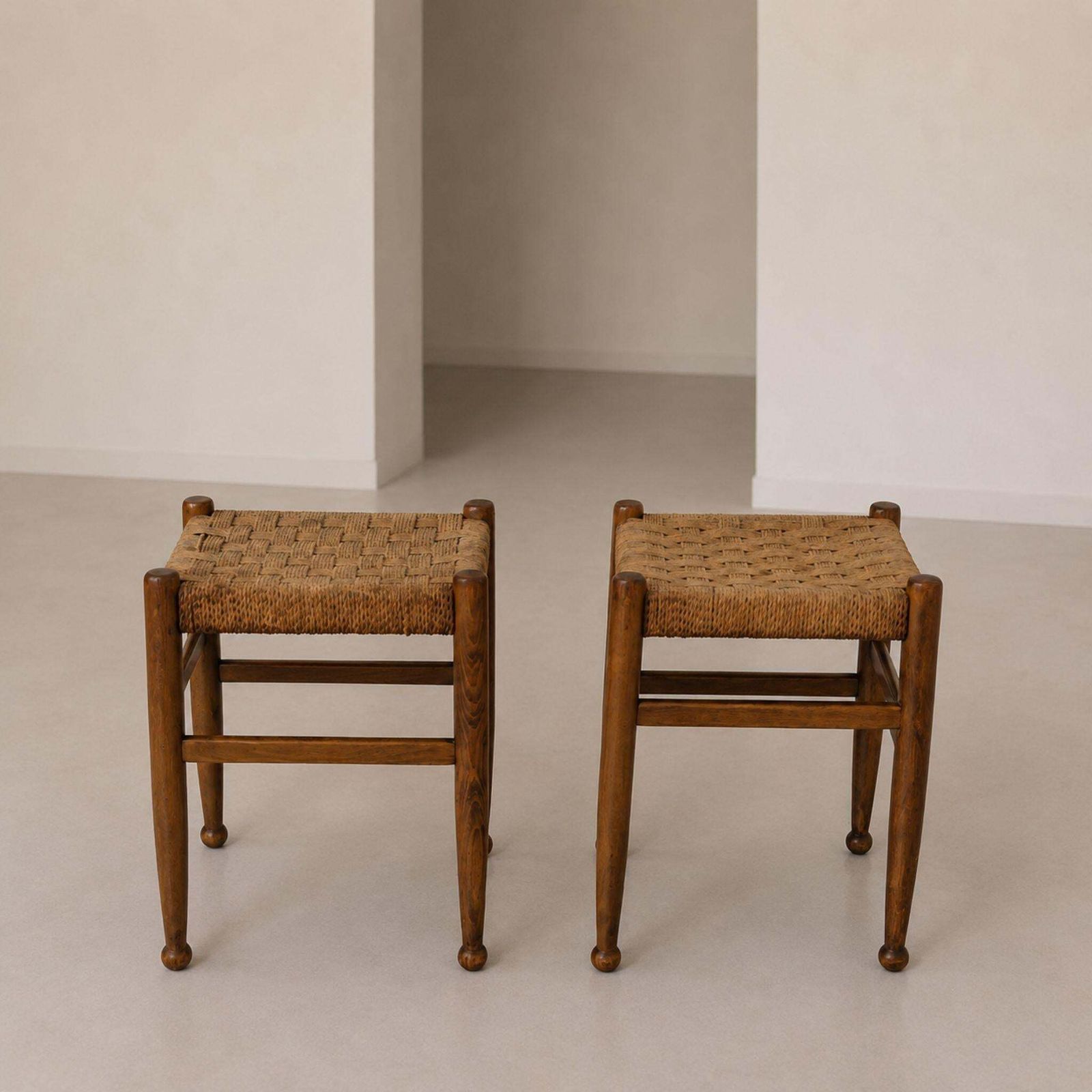 Mid Century Modern Stools Charlotte Perriand Style Wood And Woven Rope, 60s photo buy