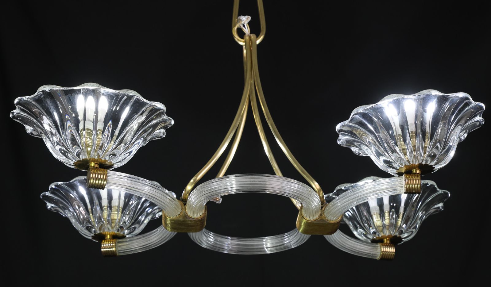 photo vintage Extraordinary Art Deco Murano Glass And Bras Chandelier By Barovier E Toso, 1950