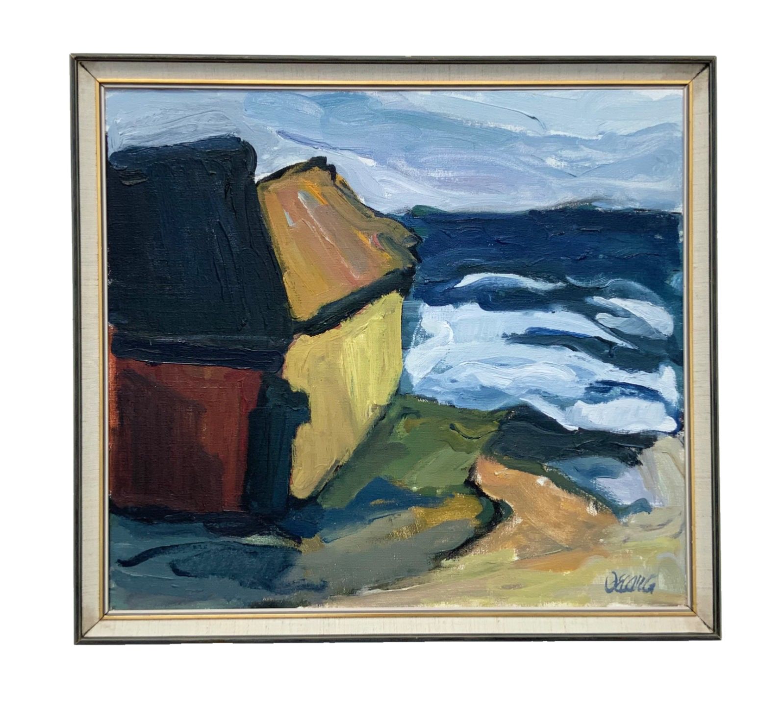 Vintage Expressionists Oil On Canvas Painting ”Boathouses” By Stig Delang 1976