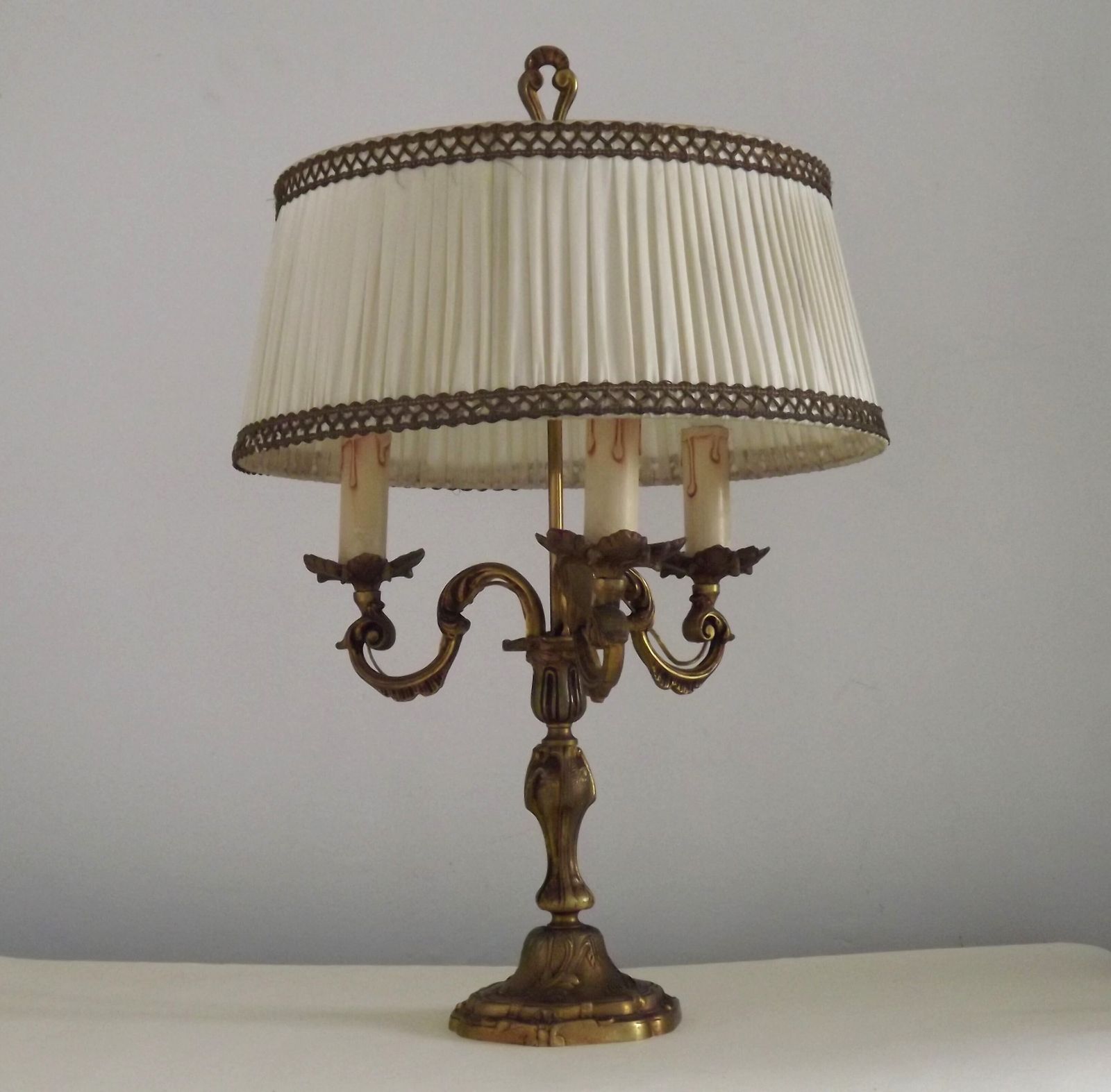 Bronze French Antique 3 Light Candelabra Lamp Cream Braided Pleated Shade photo furniture