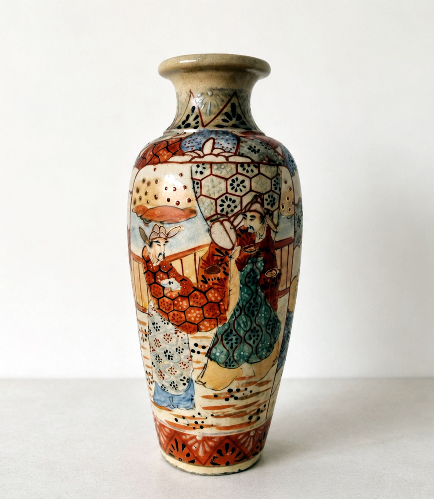 Vintage Japanese Satsuma Style Ceramic Vase With Hand Painted Court Figure Scene photo for sale