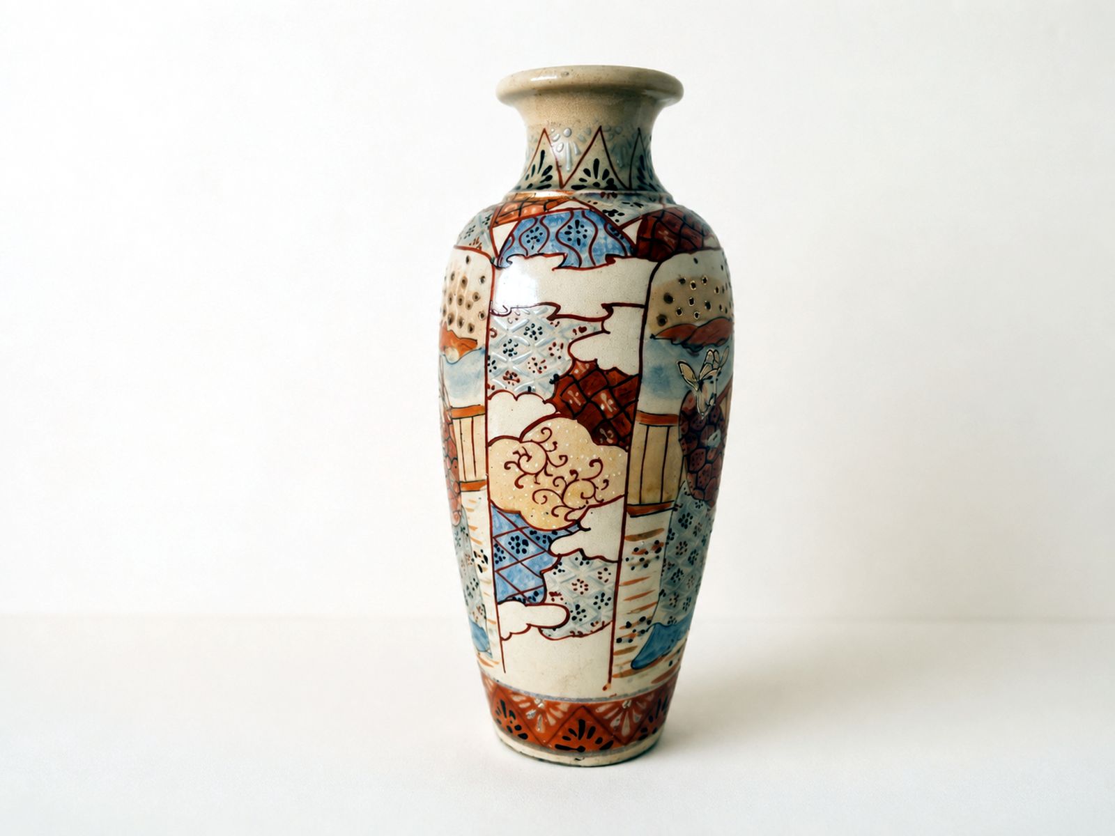 Vintage Japanese Satsuma Style Ceramic Vase With Hand Painted Court Figure Scene