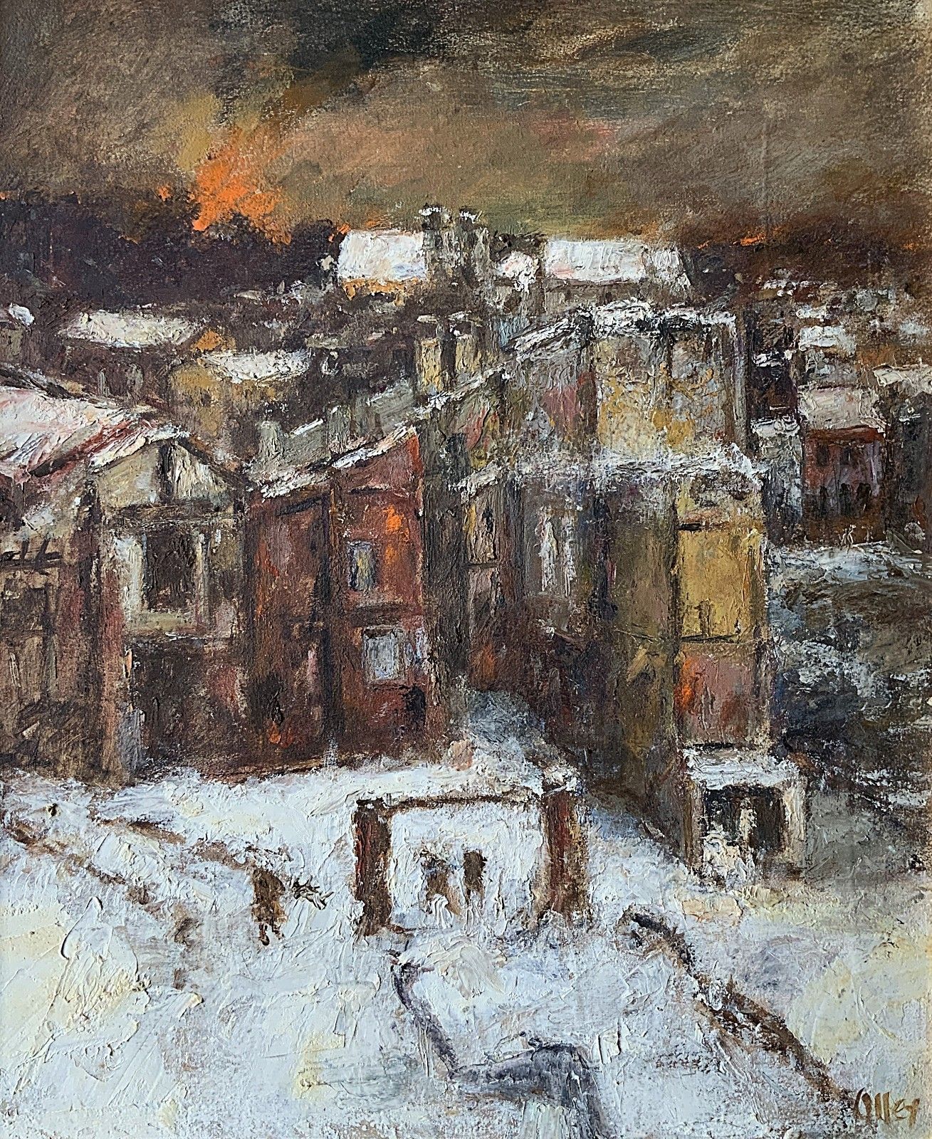 Winter Snow Capped Cityscape Oil Painting By Ronald Olley (British, 1923 2017) photo for sale