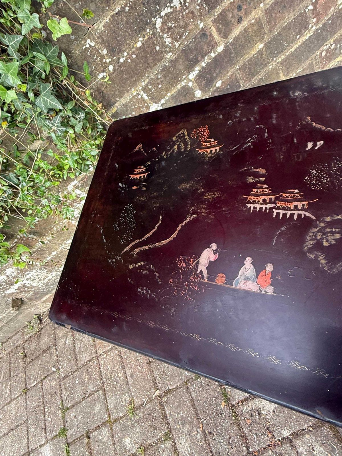 Antique Chinoiserie Lacquer Side Table Hand Painted Oriental Occasional Table S photo for sale