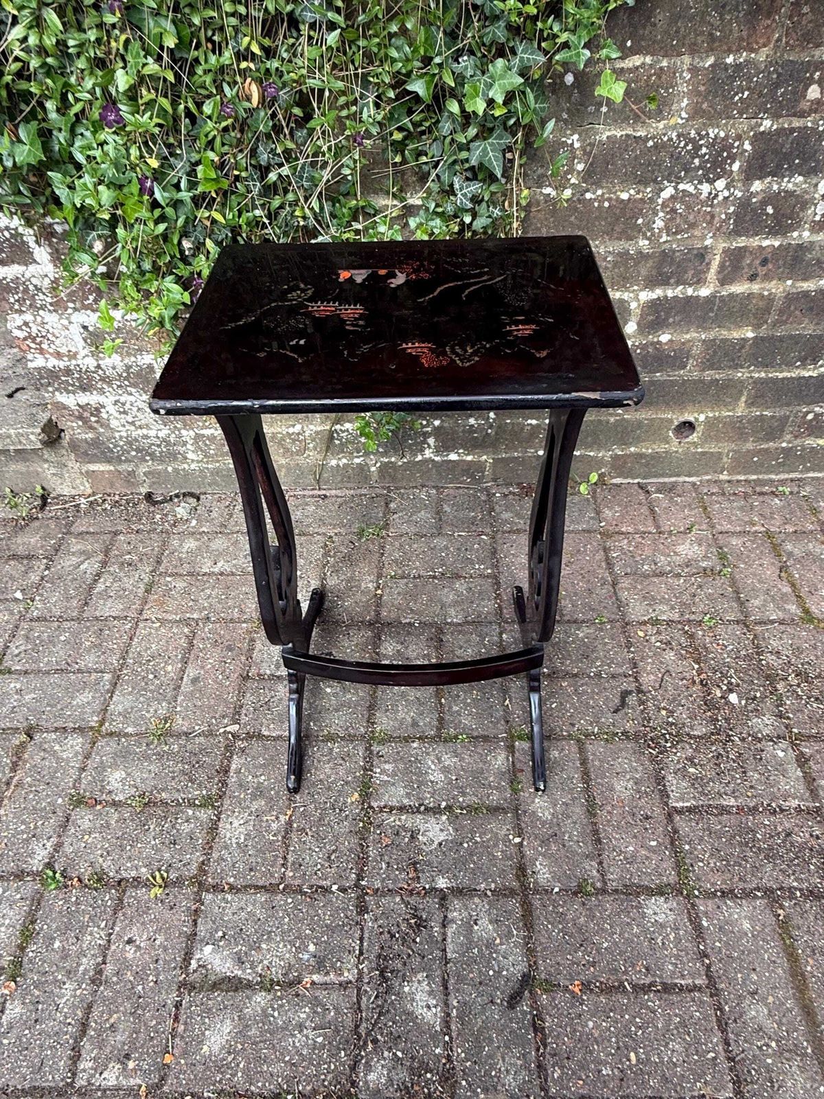 Antique Chinoiserie Lacquer Side Table Hand Painted Oriental Occasional Table S photo vintage