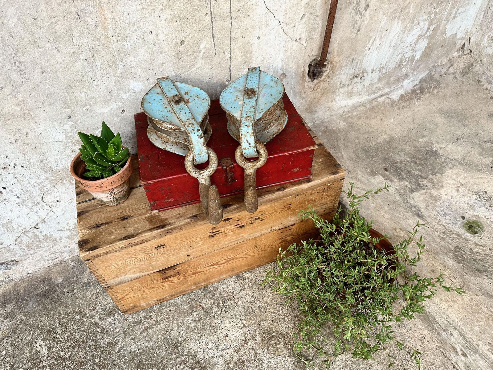 Pair Of Large Vintage Blue Industrial Metal Rope Hook Pulleys photo furniture