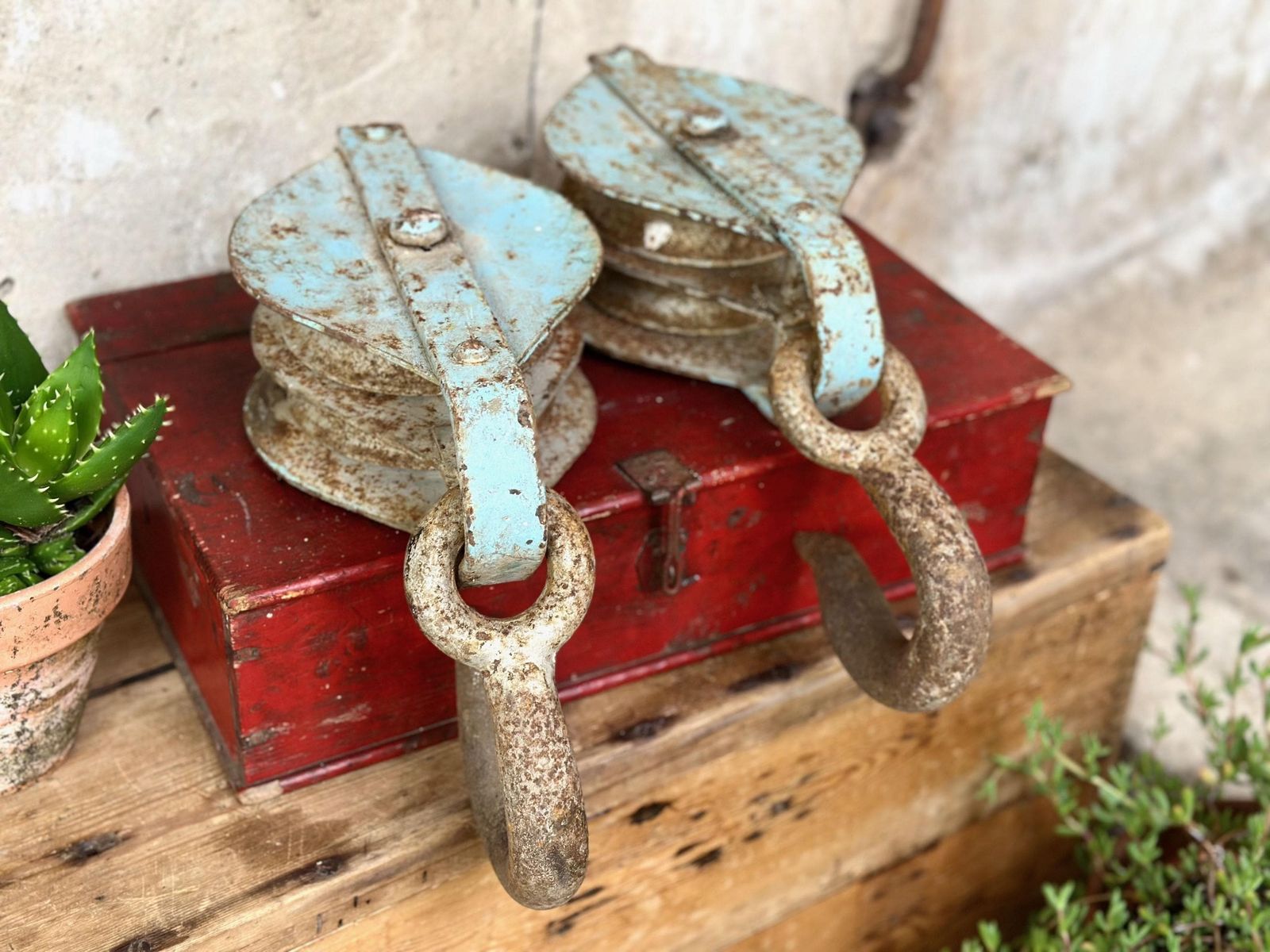 photo for sale Pair Of Large Vintage Blue Industrial Metal Rope Hook Pulleys