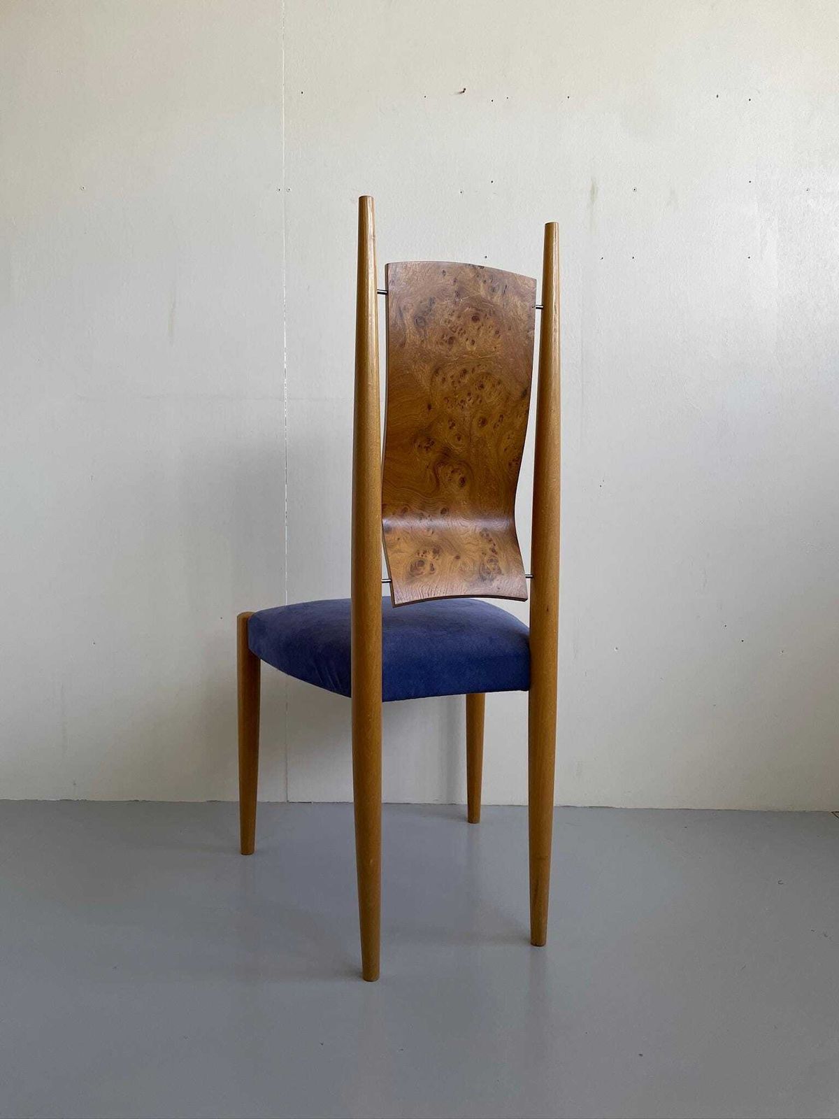 Skylon Accent Chair By Toby Winteringham Blue Seat And Elm Burr Detail photo vinterior