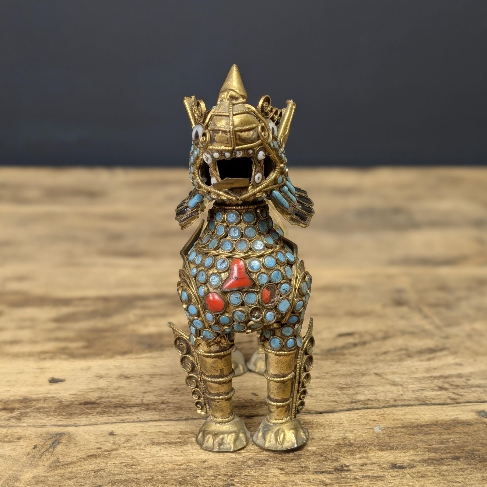 Tibetan Snow Lion Censer, Jeweled Brass Nepalese Container With Removable Head, Turquoise And Coral Colored Stones, C. 1978 photo for sale