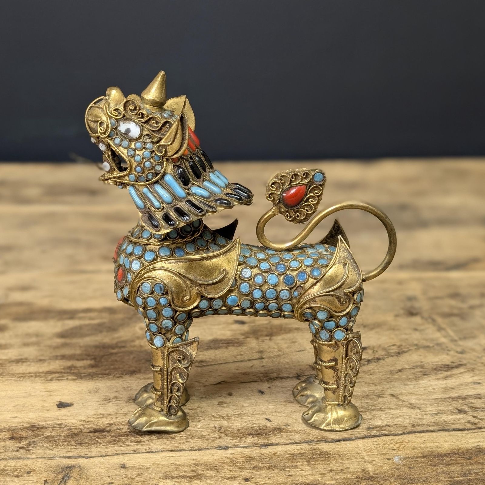 Tibetan Snow Lion Censer, Jeweled Brass Nepalese Container With Removable Head, Turquoise And Coral Colored Stones, C. 1978 photo 105.0