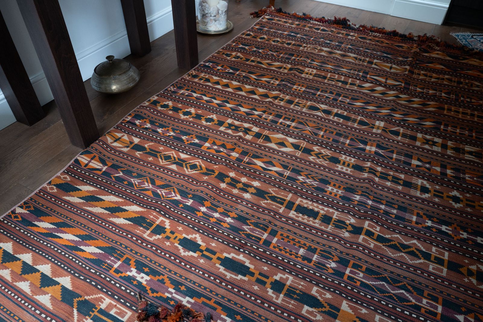 Vintage Handwoven Kilim Rug – Geometric Tribal Stripe Design photo Textiles