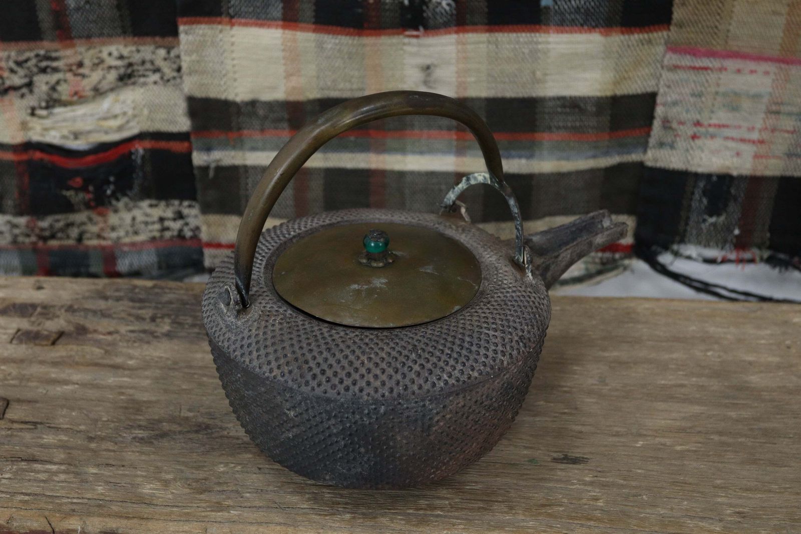 Late Meiji Period Japanese Iron Choshi Sake Kettle With Glass Bead photo 123.5