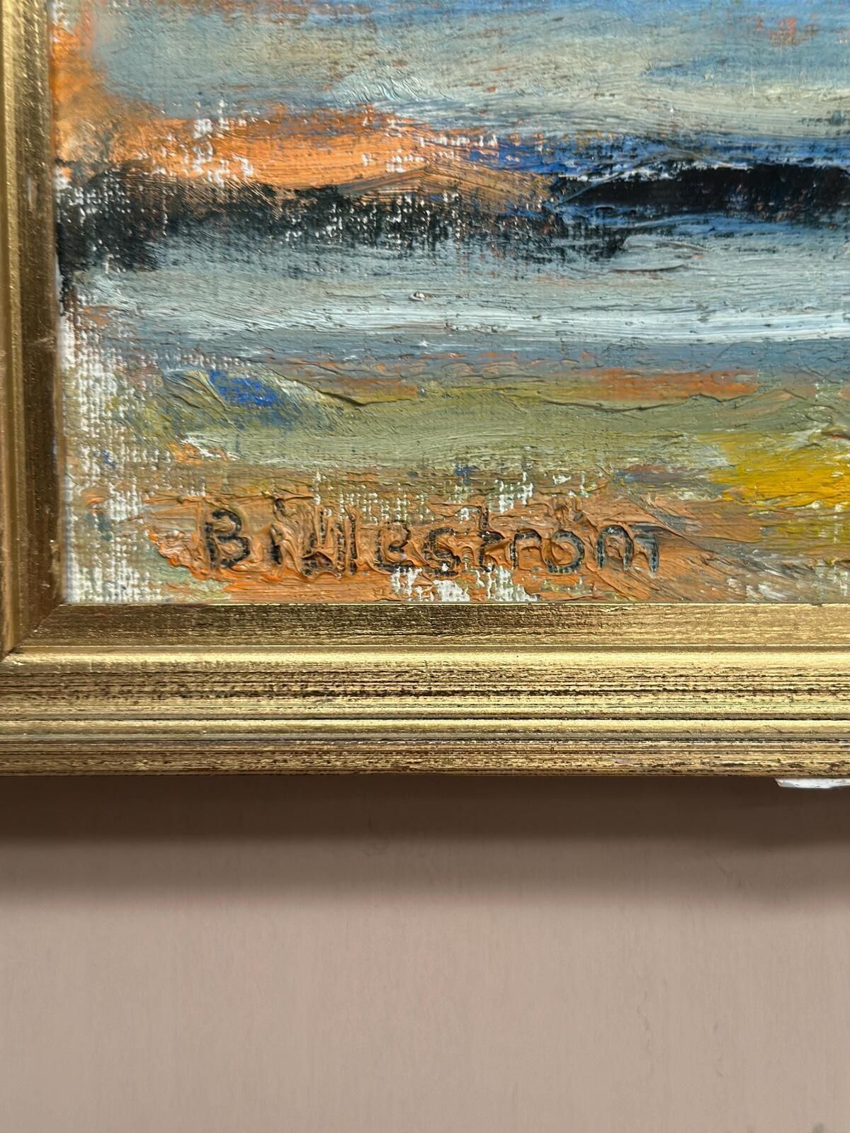 Original Swedish Oil On Canvas – “Golden Streak” By Carl Erik Billeström – Vintage & Framed – 24 × 23 Cm (9.4" × 9.1") photo vintage