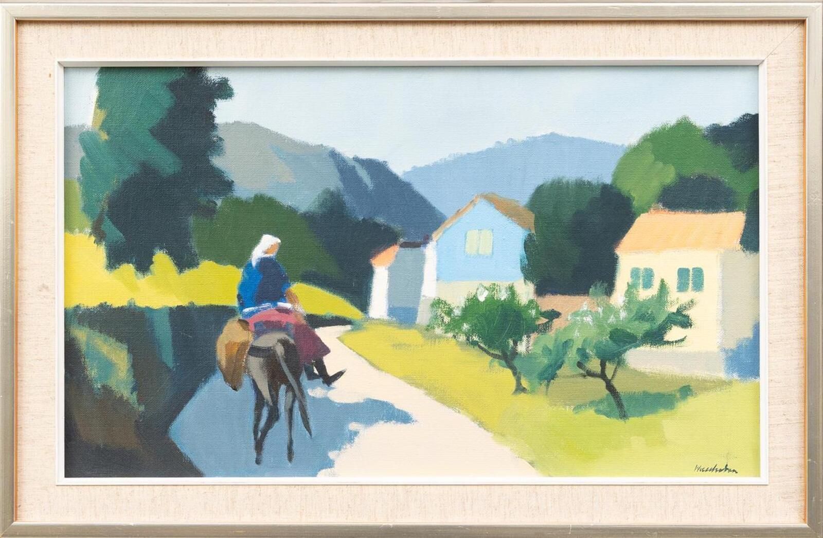 Original Mid Century Swedish Oil On Canvas – “Riders On The Road, Crete” By Stig Wernheden – Vintage &  Framed – 43 × 68 Cm (16.9" × 26.8") photo furniture