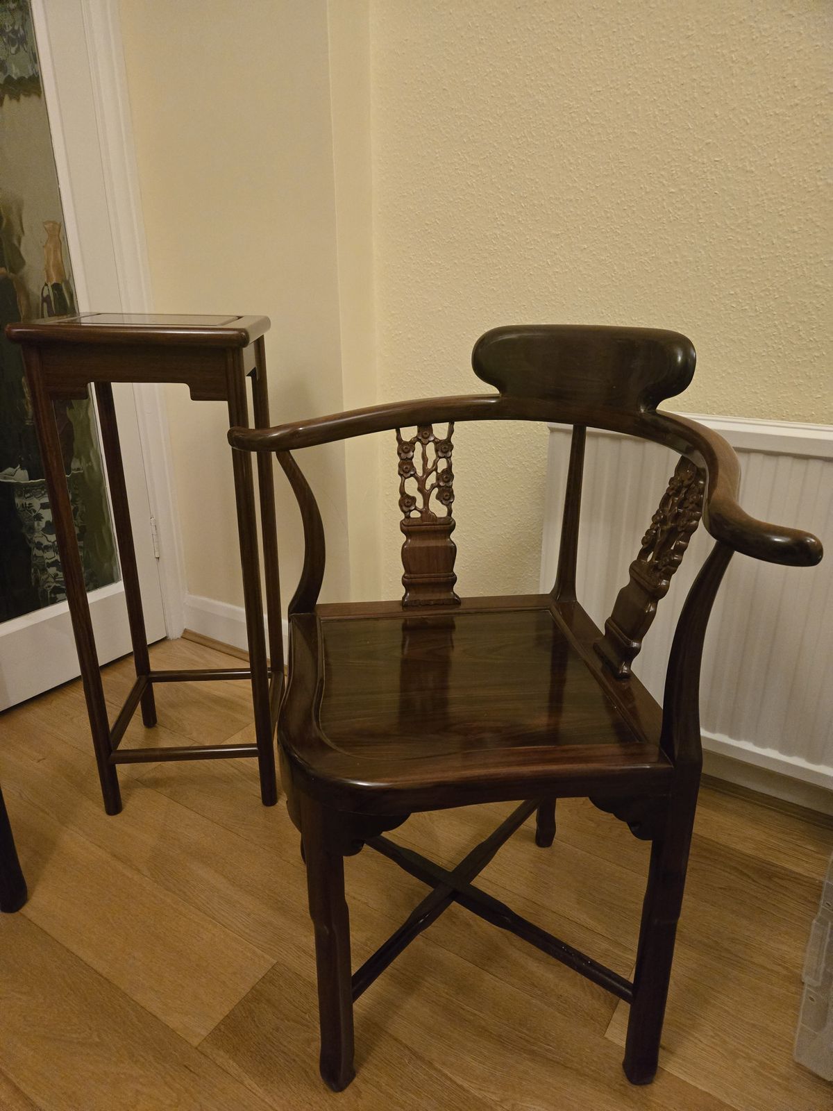 A Pair Of 20th Century Chinese Hardwood Corner Chairs And A Matching Stand photo 500.0