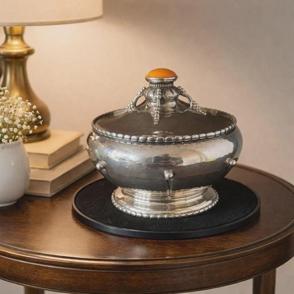 Arts & Crafts Sterling Silver Bowl With Amber Knob By Christian F Heise
